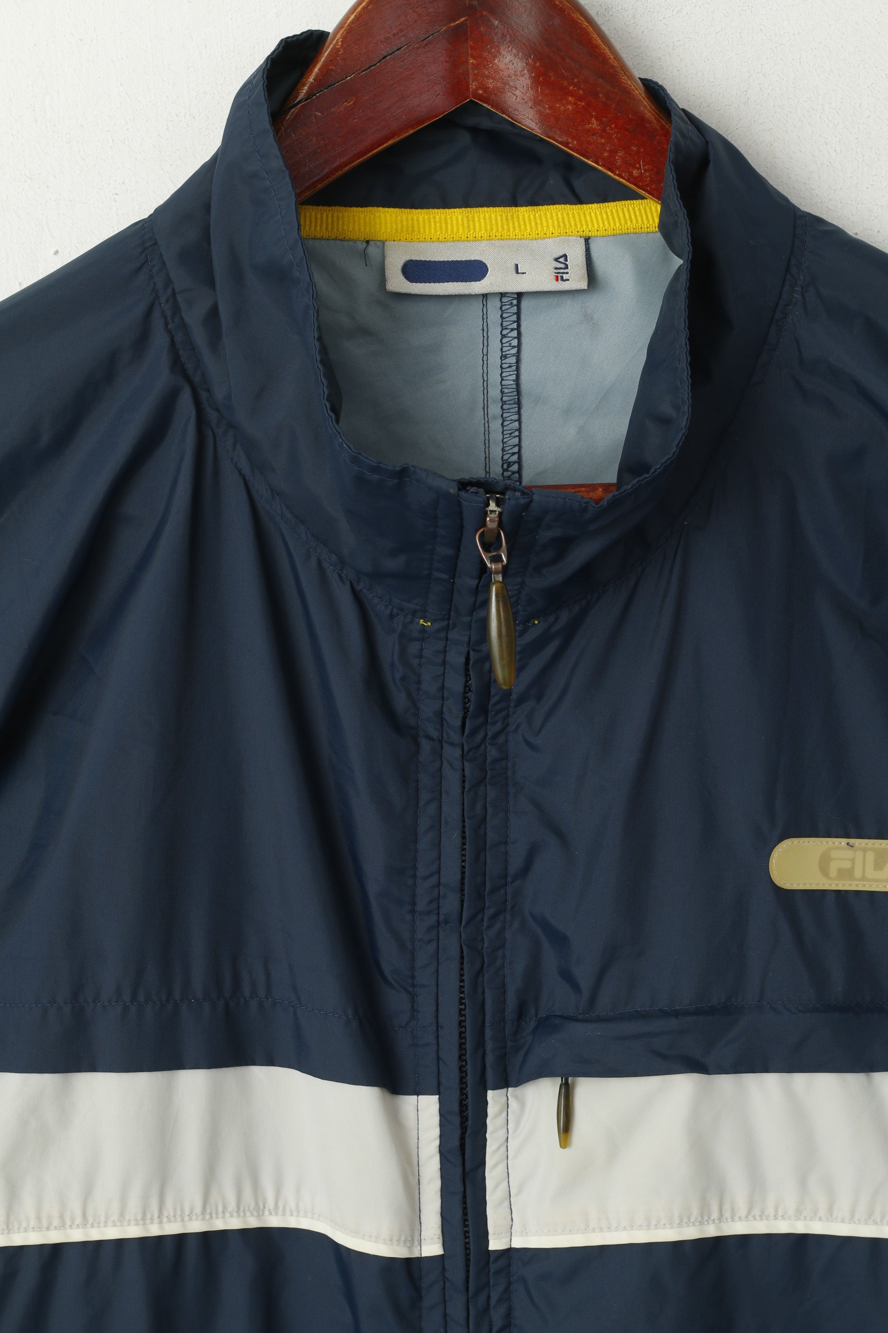 Giacca Fila da uomo L, top sportivo in nylon blu scuro impermeabile con cerniera intera vintage