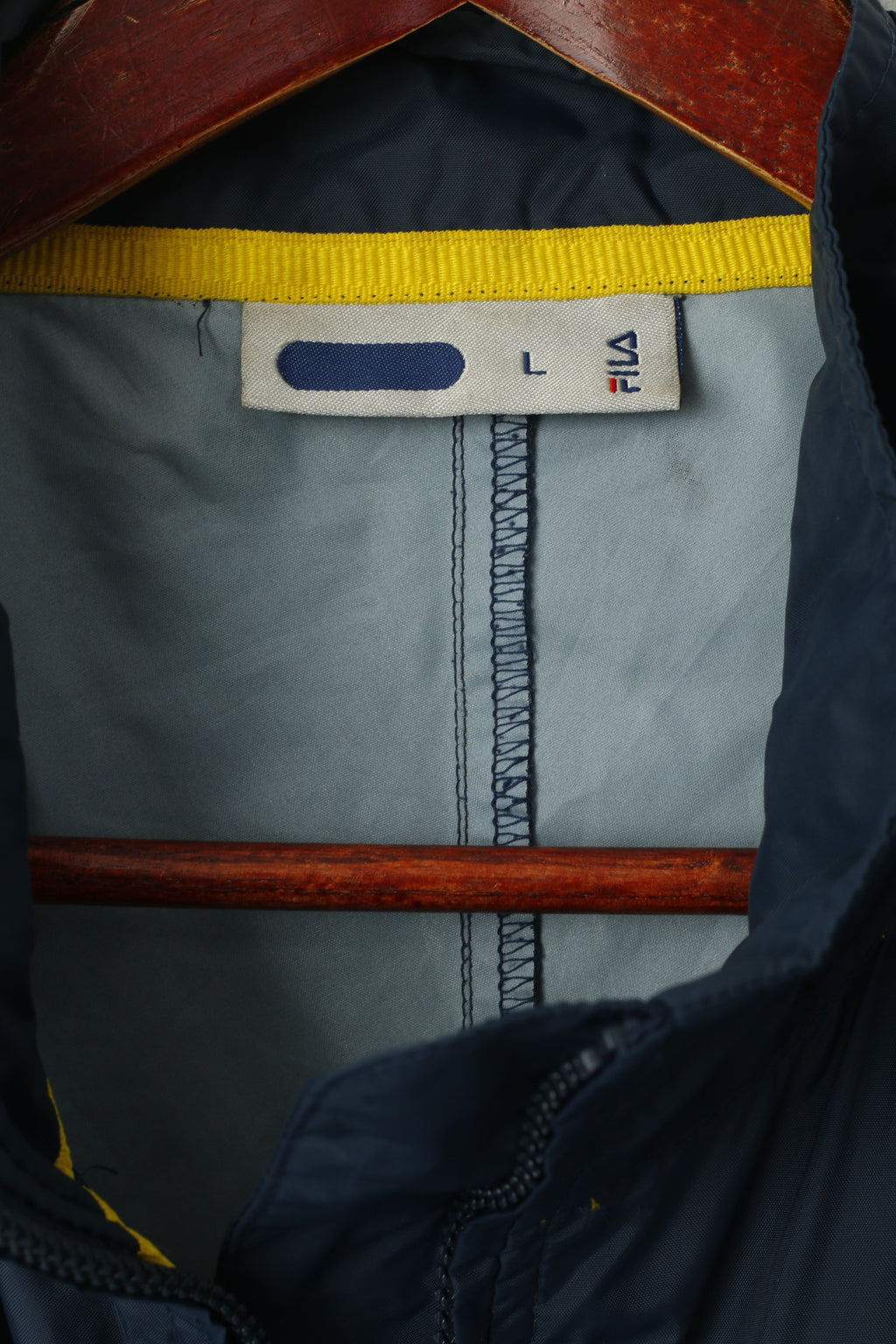 Giacca Fila da uomo L, top sportivo in nylon blu scuro impermeabile con cerniera intera vintage