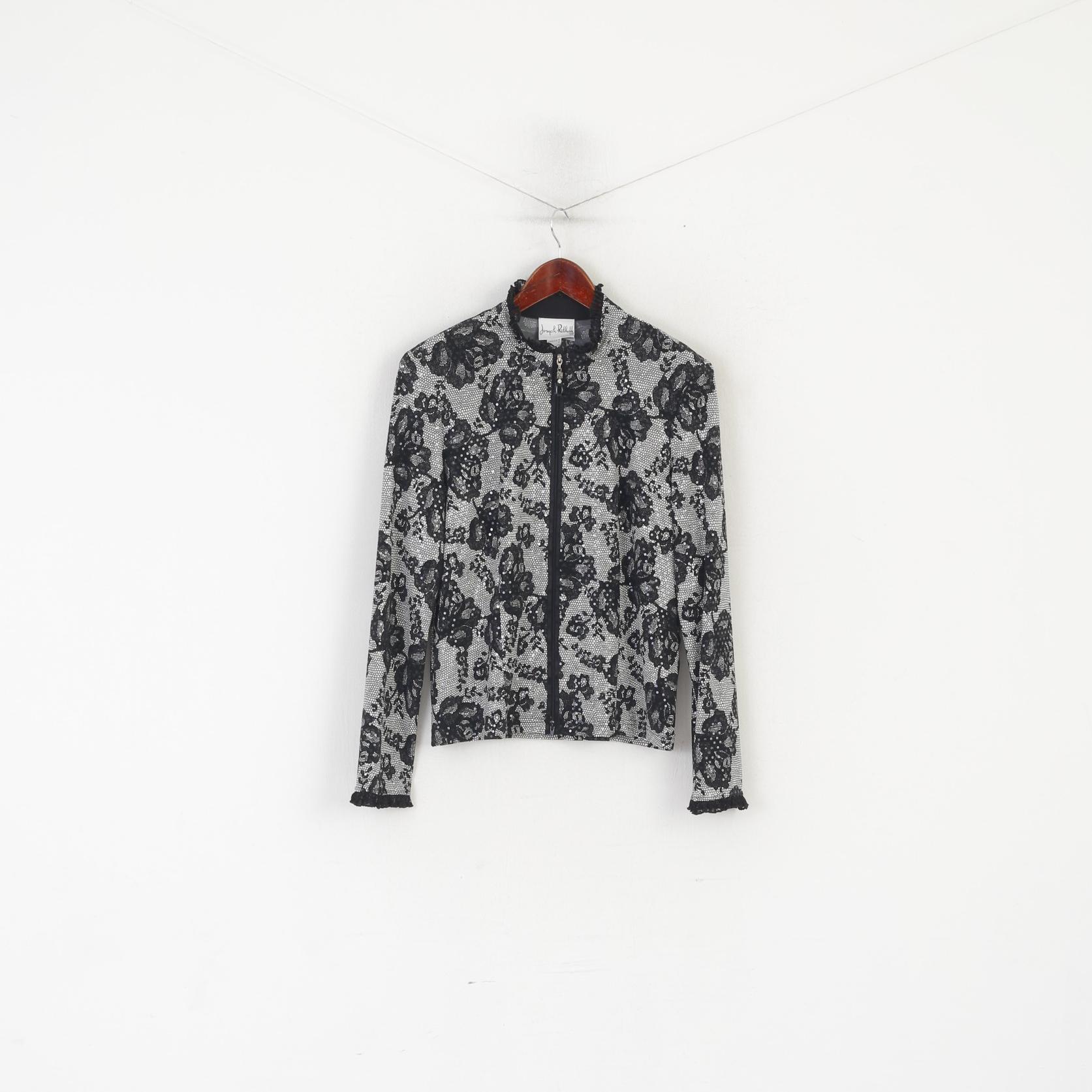 Joseph Ribkoff Women 14 40 Blazer Black Shiny Floral Full Zipper Elegant Designer Blouse