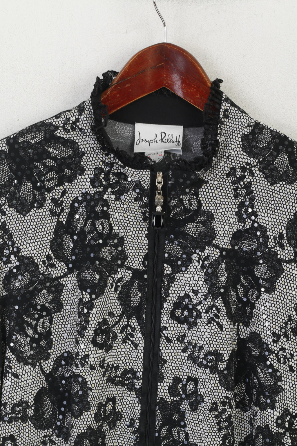 Joseph Ribkoff Donna 14 40 Blazer Nero lucido floreale con cerniera intera Elegante camicetta di design