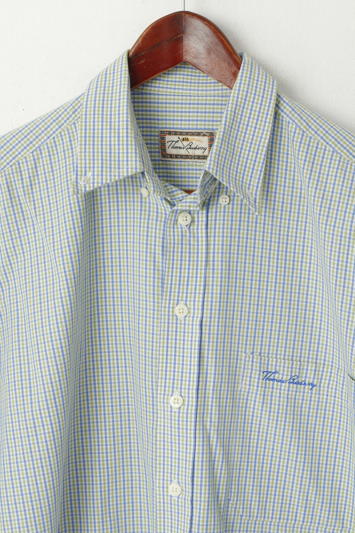 Thomas Burberry Men M Casual Shirt Blue Green Check Cotton Long Sleeve Top