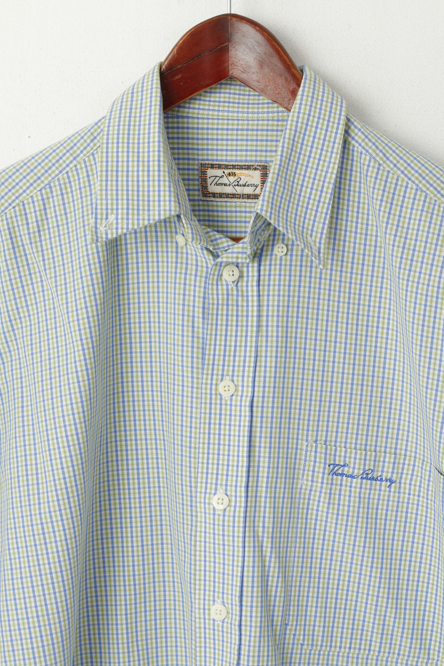 Thomas Burberry Uomo M Camicia casual Top a maniche lunghe in cotone a quadri verde blu