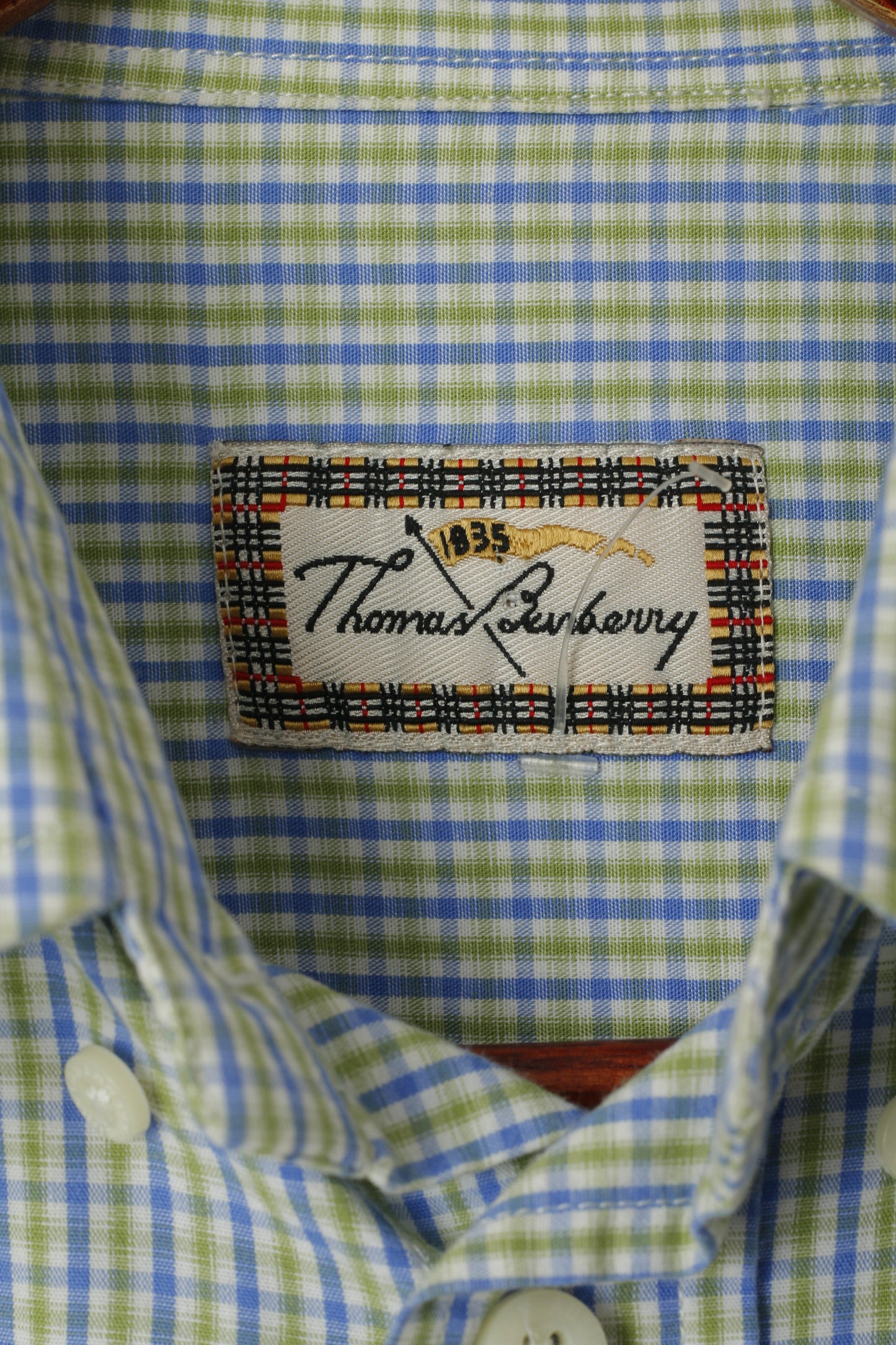 Thomas Burberry Men M Casual Shirt Blue Green Check Cotton Long Sleeve Top