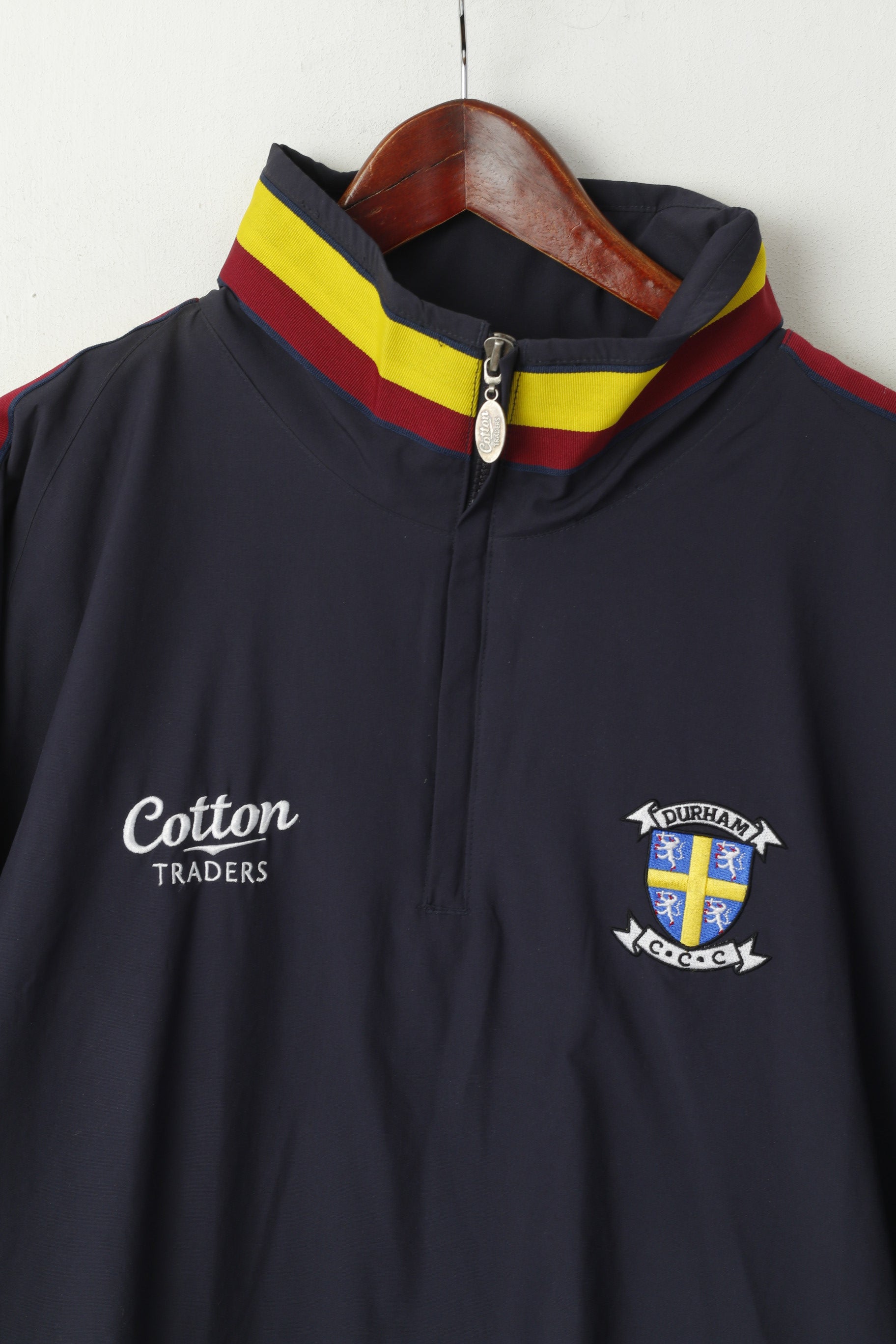 Cotton Traders Men M Pullover Jacket Navy Durham C.C.C Fleece Lined Hidden Hood Top