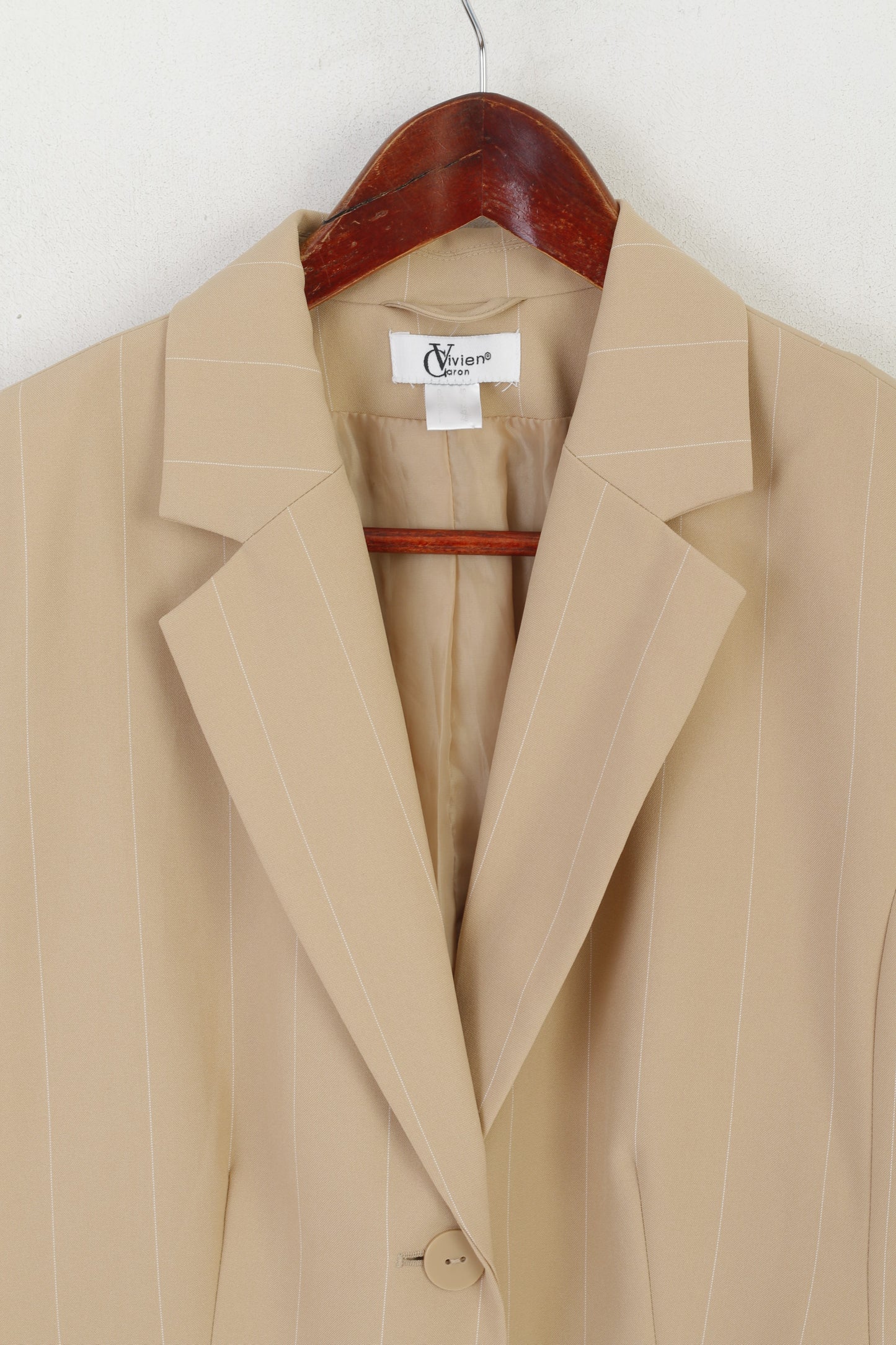 Vivien Caron Women 14 40 M Blazer Beige Striped Classic Single Breasted Jacket