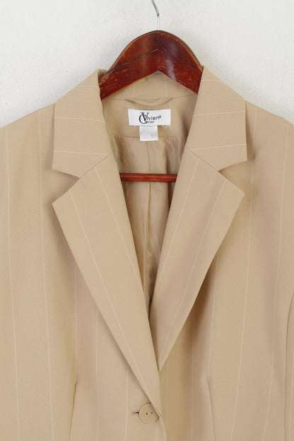 Vivien Caron Women 14 40 M Blazer Beige Striped Classic Single Breasted Jacket