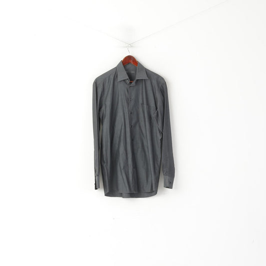 Strellson Uomo 39 L Camicia casual Top in cotone grigio a maniche lunghe a tinta unita
