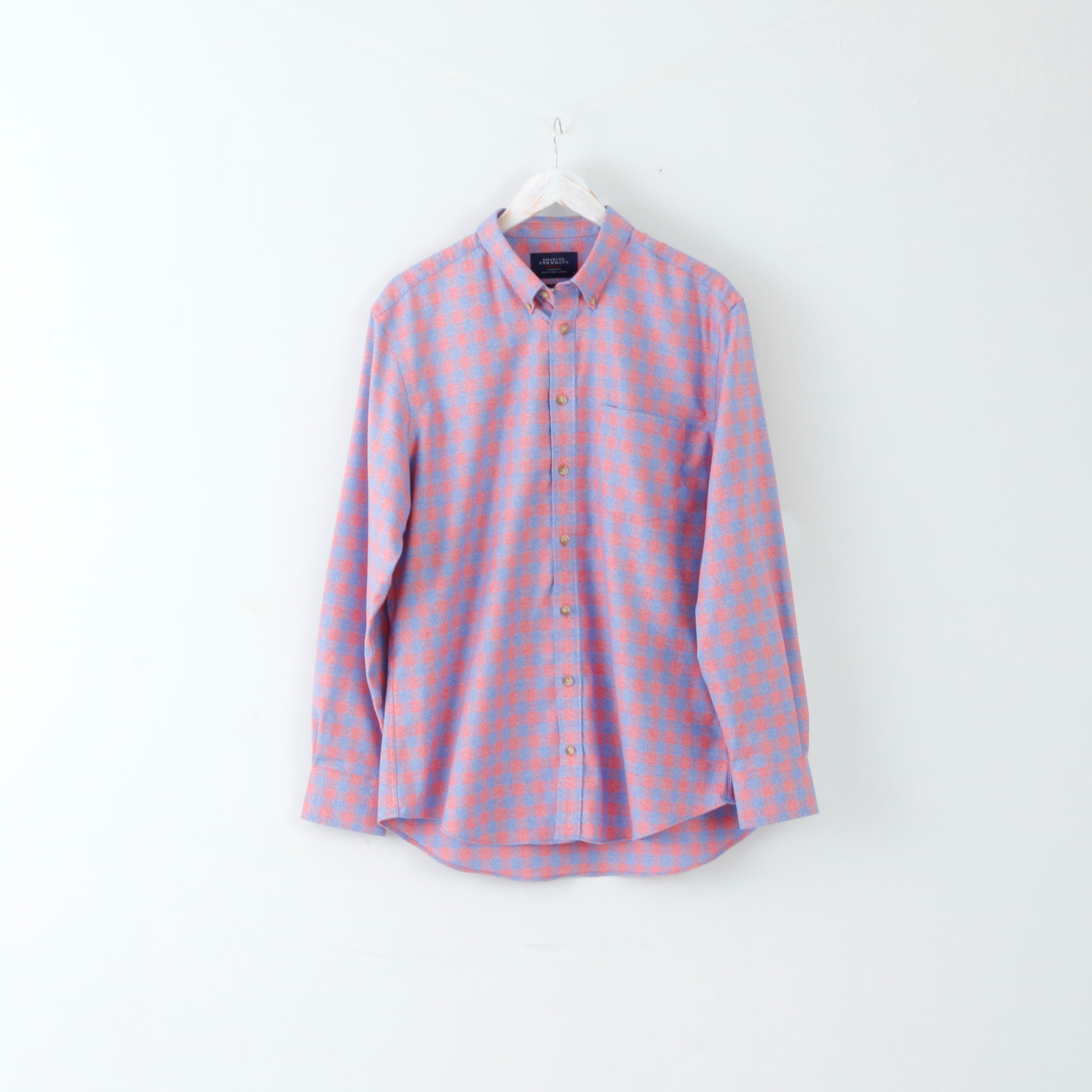 Charles Tyrwhitt Mens L Casual Shirt Red Blue Long Sleeve Slim Fit Checked Non Iron