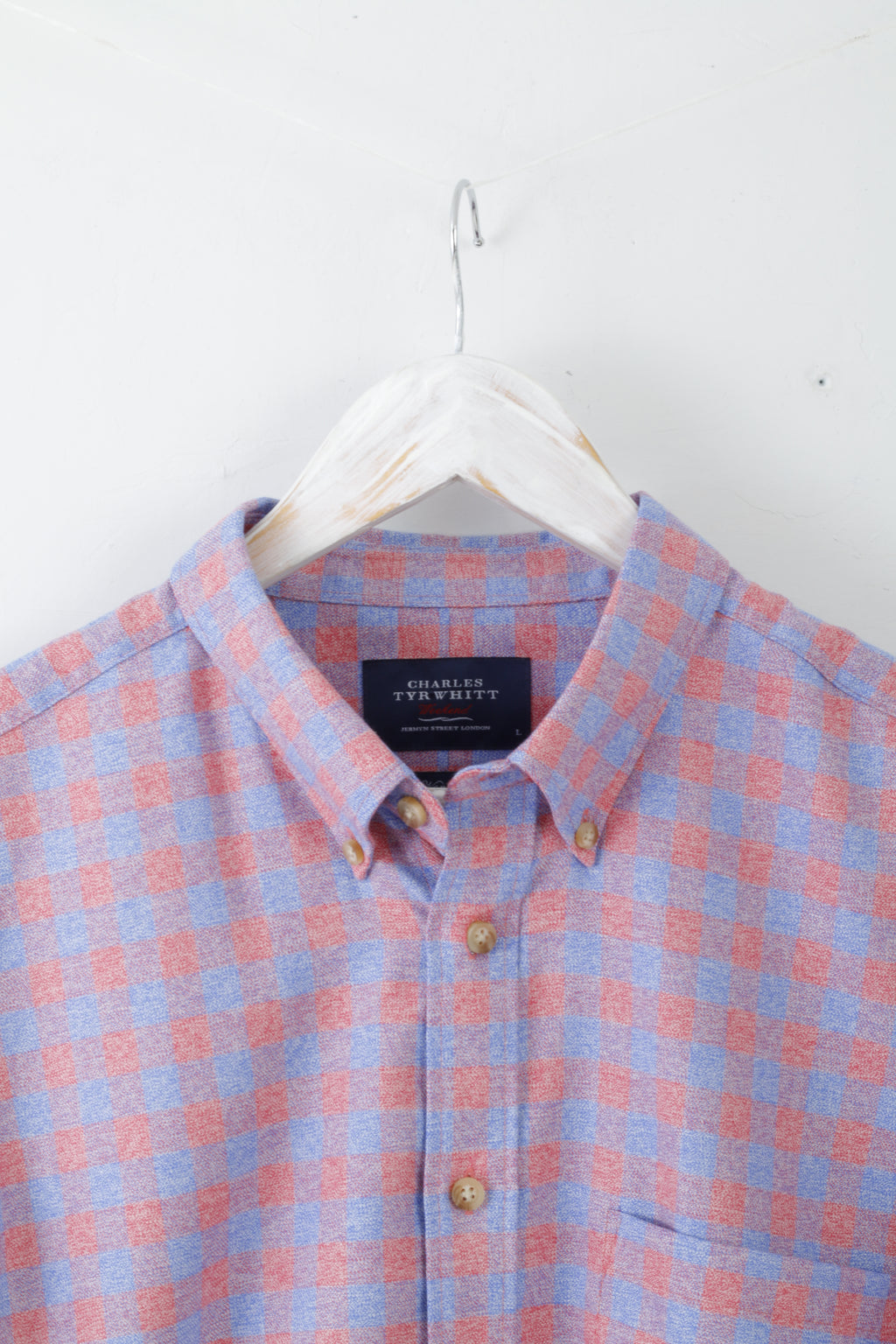 Charles Tyrwhitt Mens L Casual Shirt Red Blue Long Sleeve Slim Fit Checked Non Iron