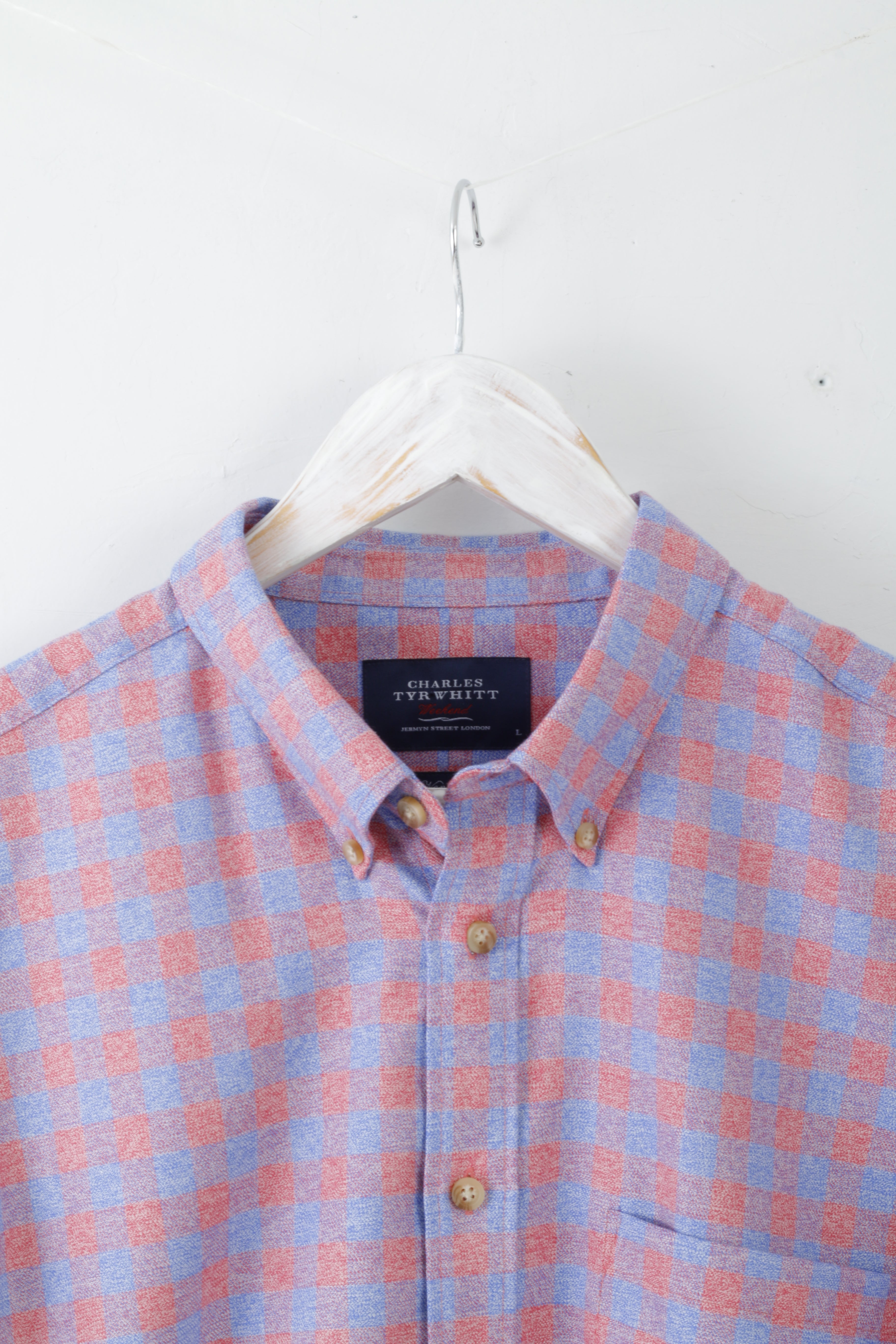 Charles Tyrwhitt Mens L Casual Shirt Red Blue Long Sleeve Slim Fit Checked Non Iron