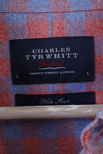 Charles Tyrwhitt Mens L Casual Shirt Red Blue Long Sleeve Slim Fit Checked Non Iron