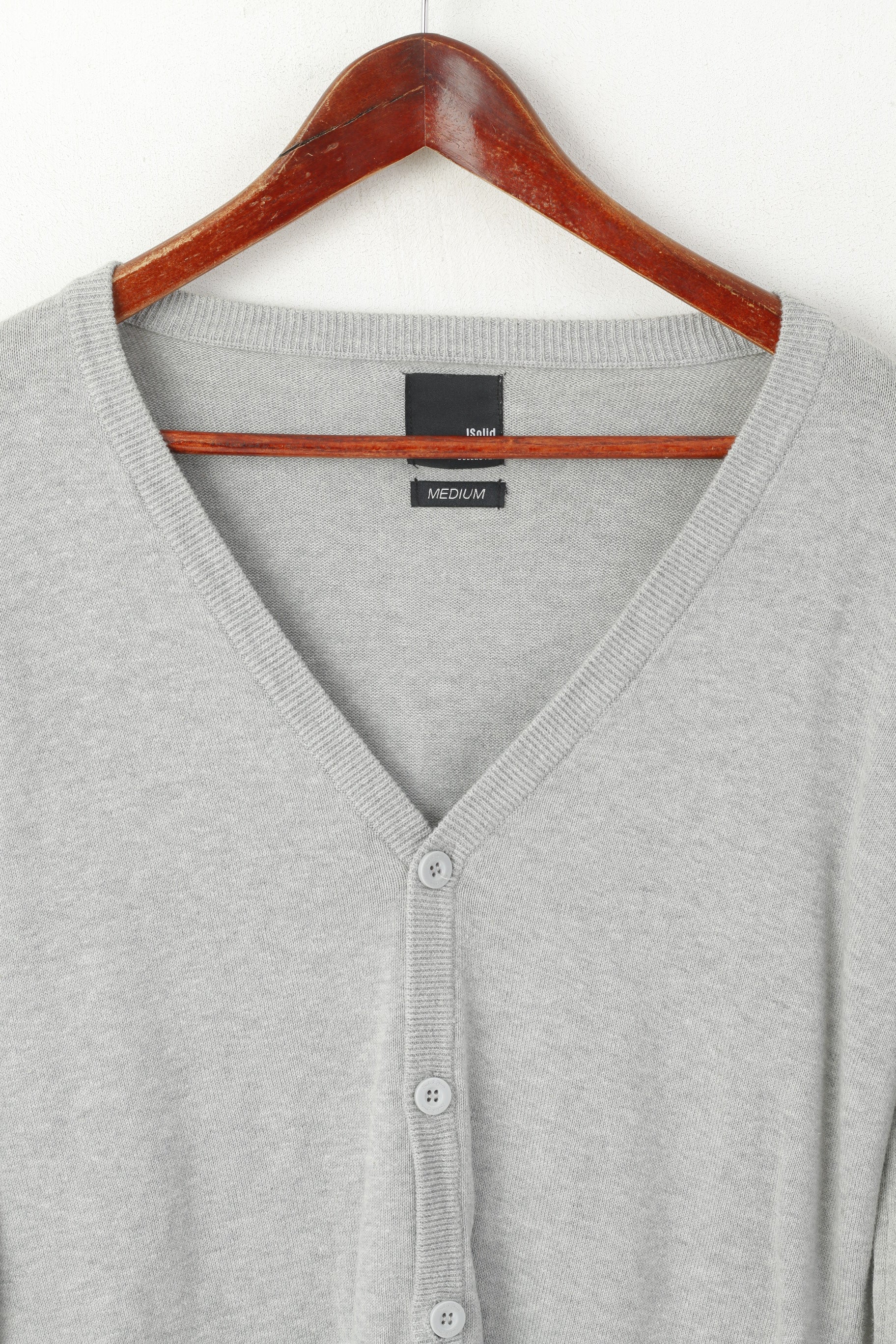 Solid Jeans Men M (S) Cardigan Grey Cotton Classic Plain Button Front Sweater