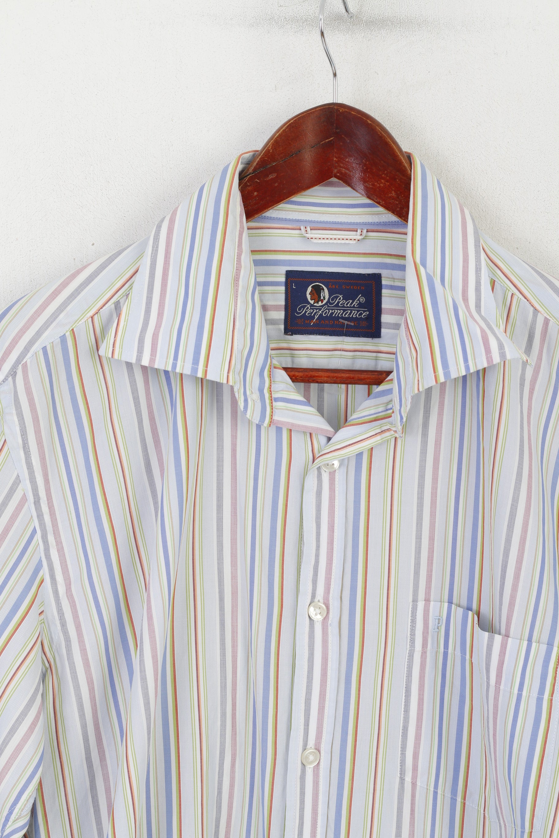 Peak Performance Men L Casual Shirt Blue Cotton Striped Kings Long Sleeve Top