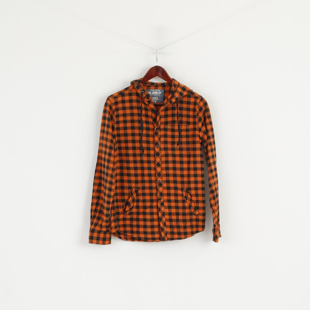 Voi Jeans Co. Men S Casual Shirt Orange Check Cotton hooded Long Sleeve Top