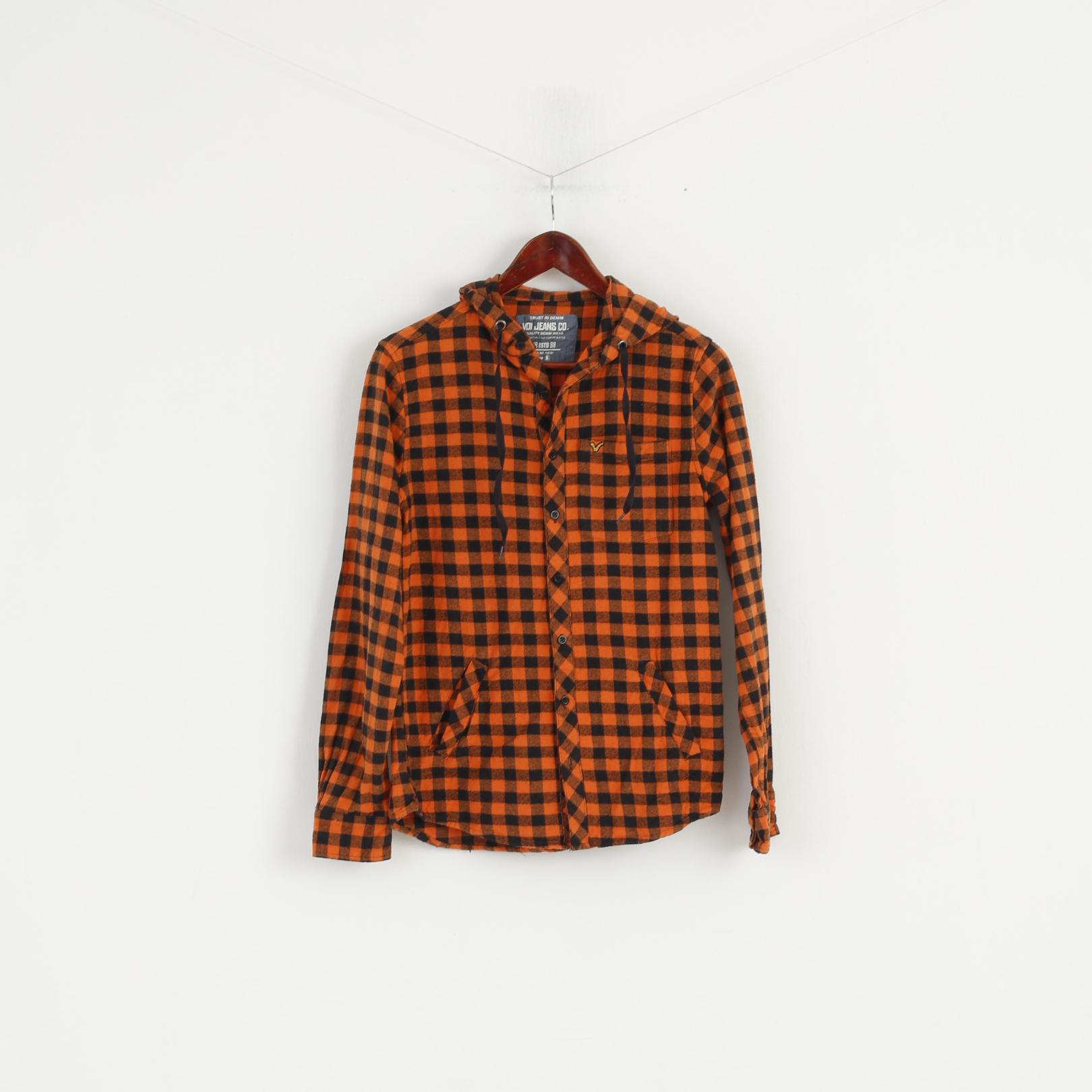 Voi Jeans Co. Men S Casual Shirt Orange Check Cotton hooded Long Sleeve Top