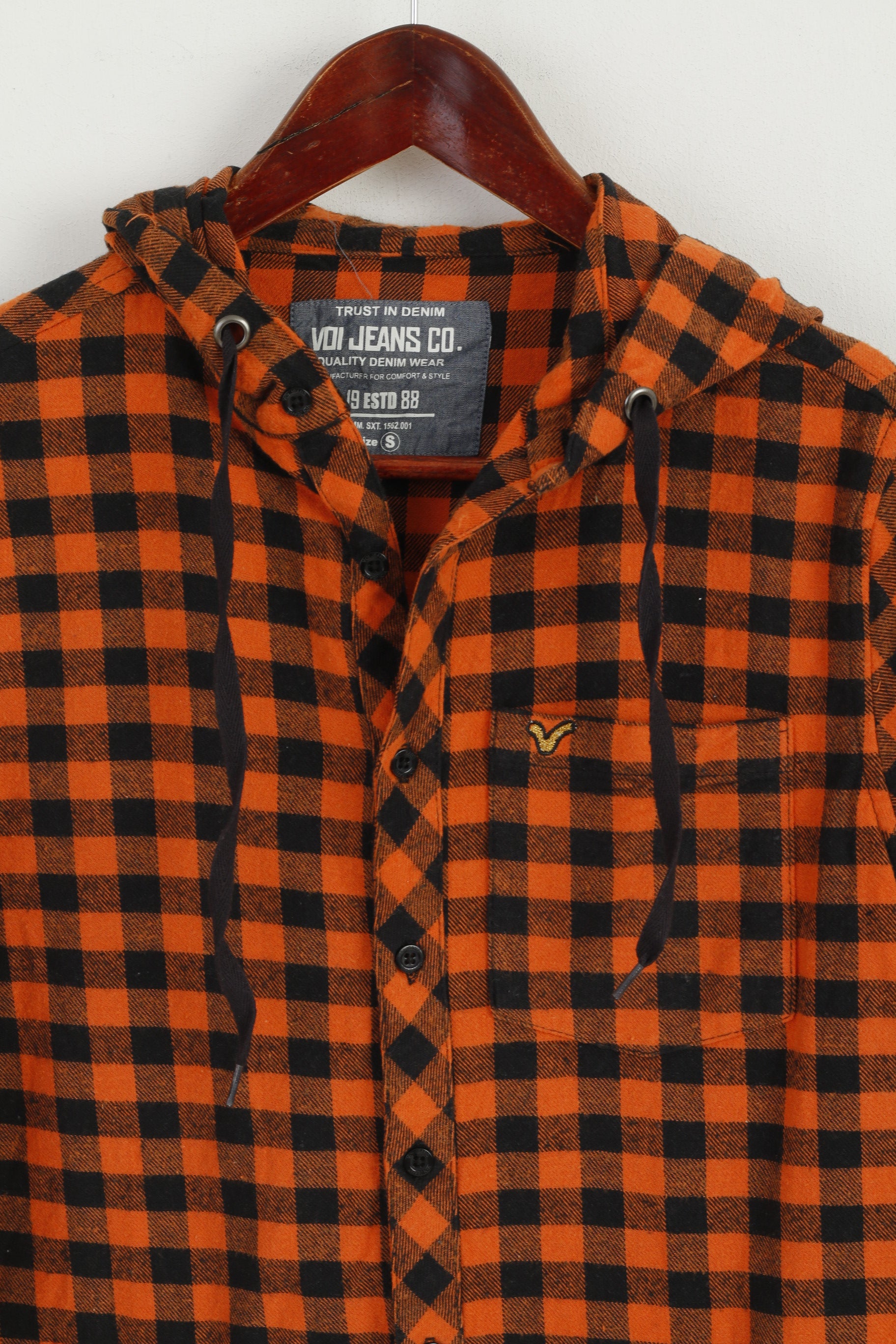 Voi Jeans Co. Men S Casual Shirt Orange Check Cotton hooded Long Sleeve Top