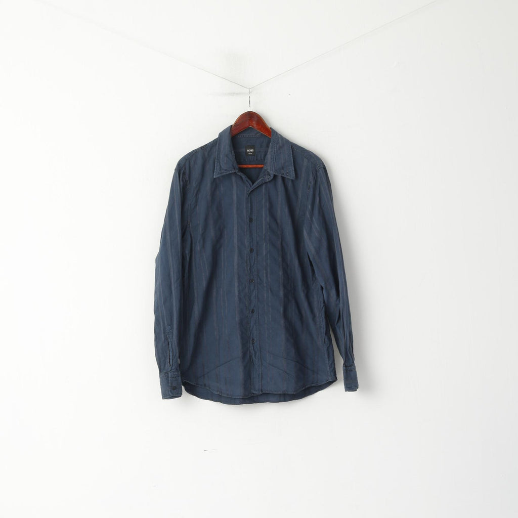Hugo Boss Camicia casual da uomo M. Top a maniche lunghe slim fit con colletto button down a righe blu scuro