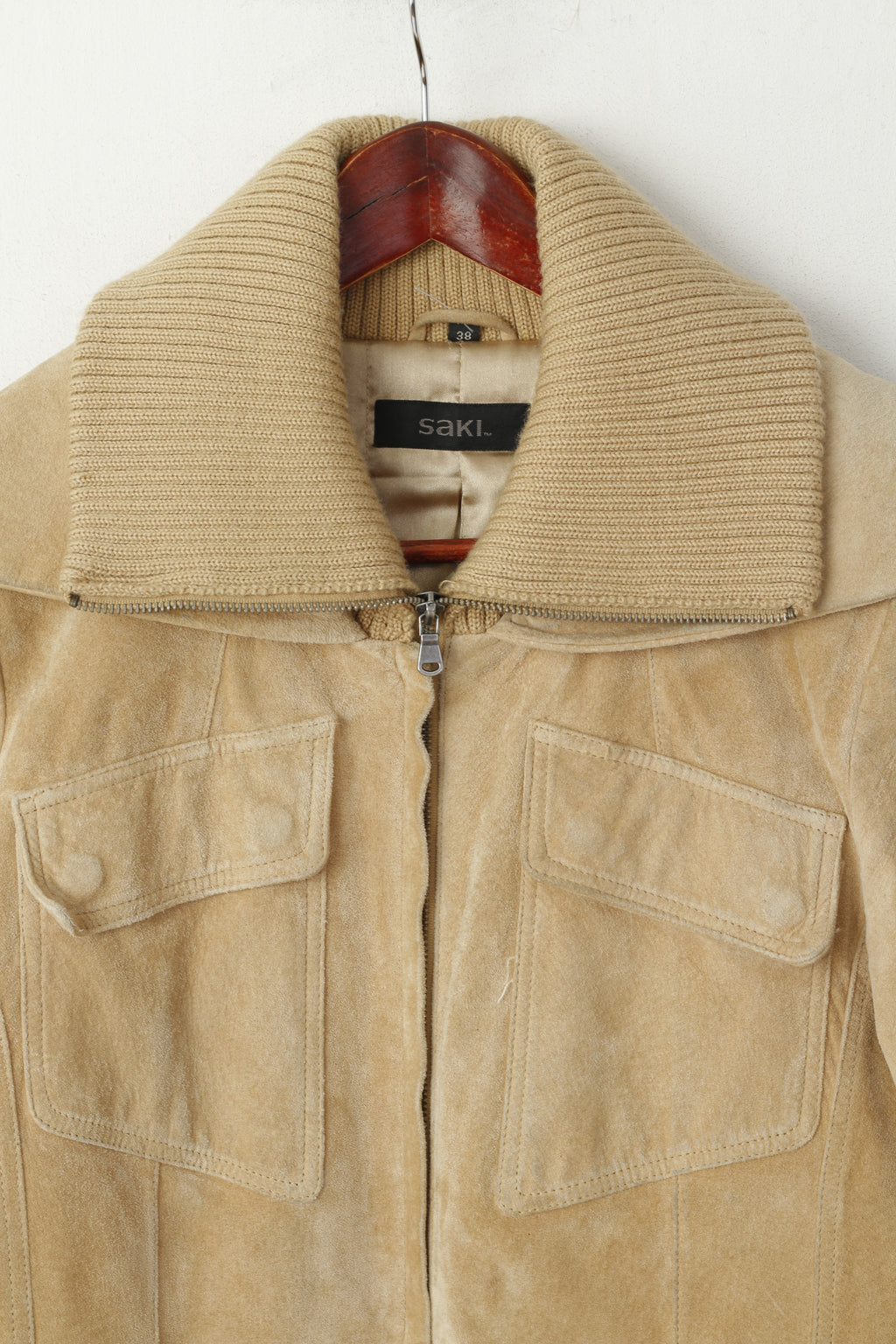 SAKI Cappotto da donna 38 S Cappotto in pelle scamosciata beige con cerniera intera Casual vintage con colletto alla coreana