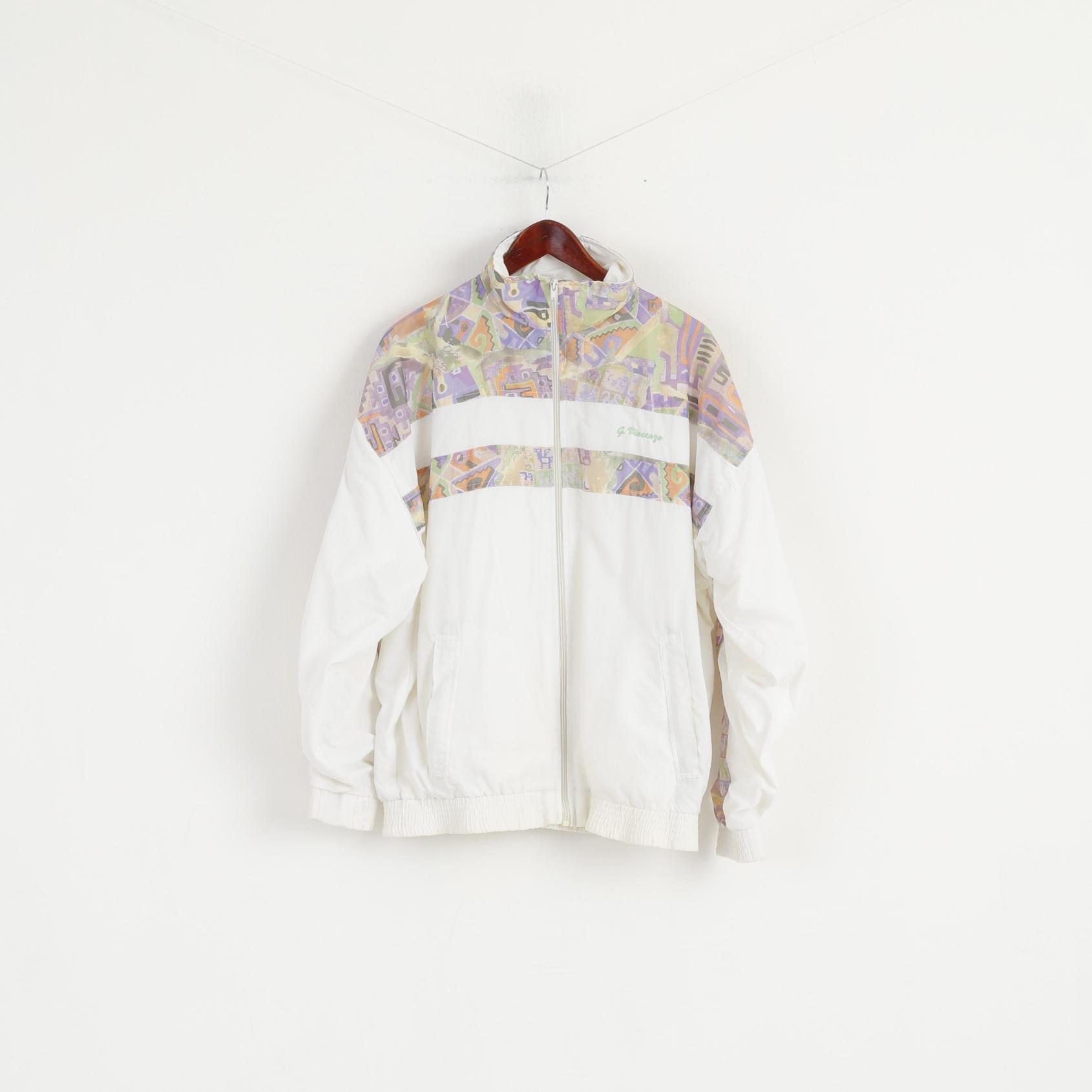 Giorgio Vincenzo Men L Jacket White Vintage Printed Nylon Full Zipper Bomber Top