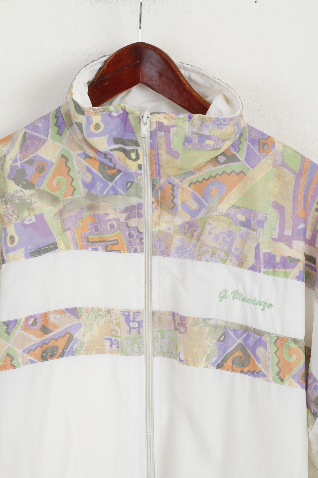 Giorgio Vincenzo Men L Jacket White Vintage Printed Nylon Full Zipper Bomber Top