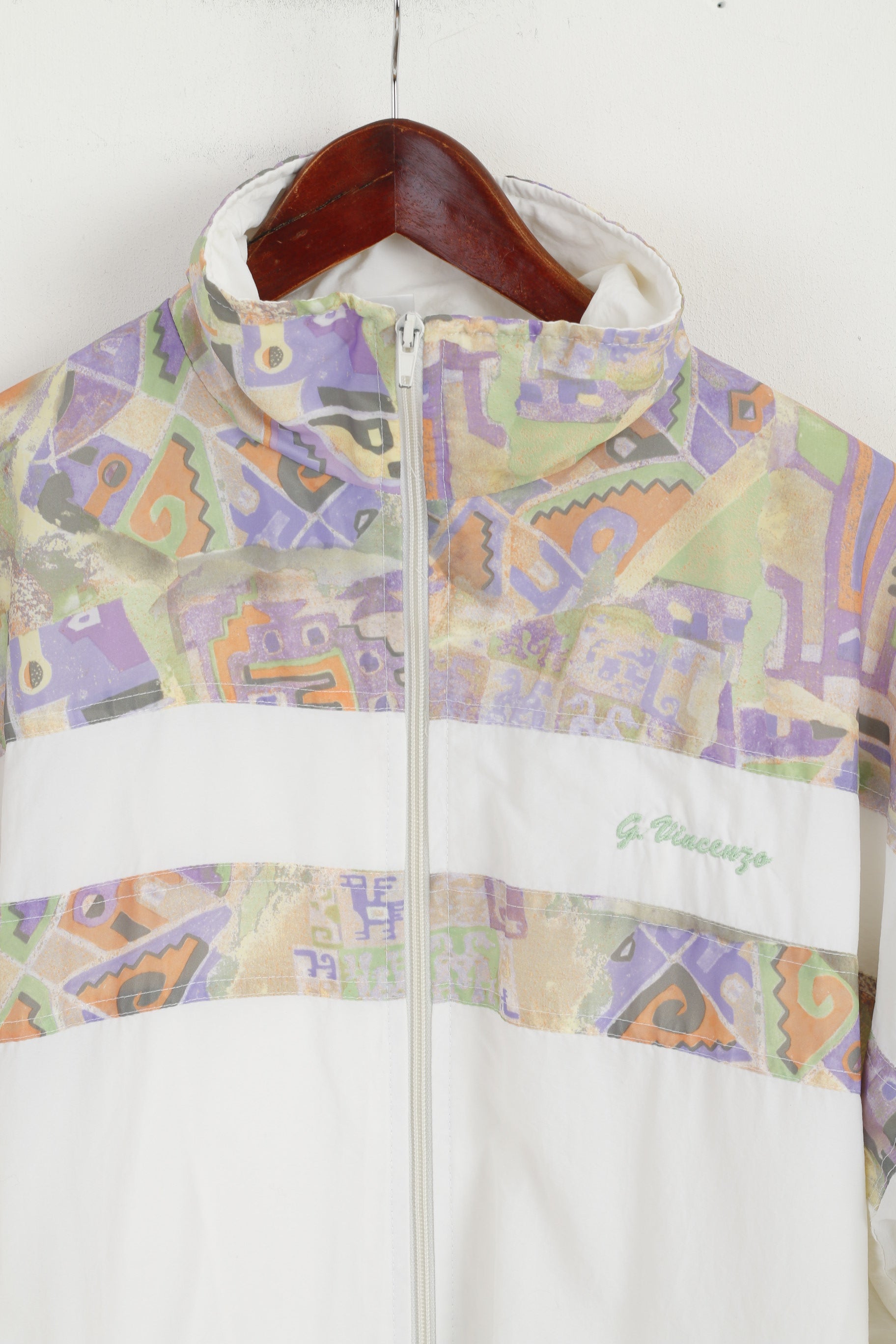 Giorgio Vincenzo Men L Jacket White Vintage Printed Nylon Full Zipper Bomber Top