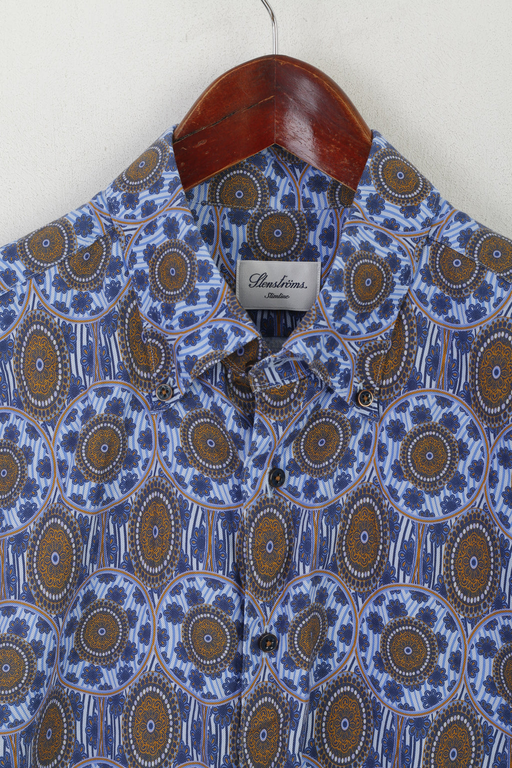 Stenstroms Men 16.5 42 M Casual Shirt Blue Cotton Slimline Printed Long Sleeve Top