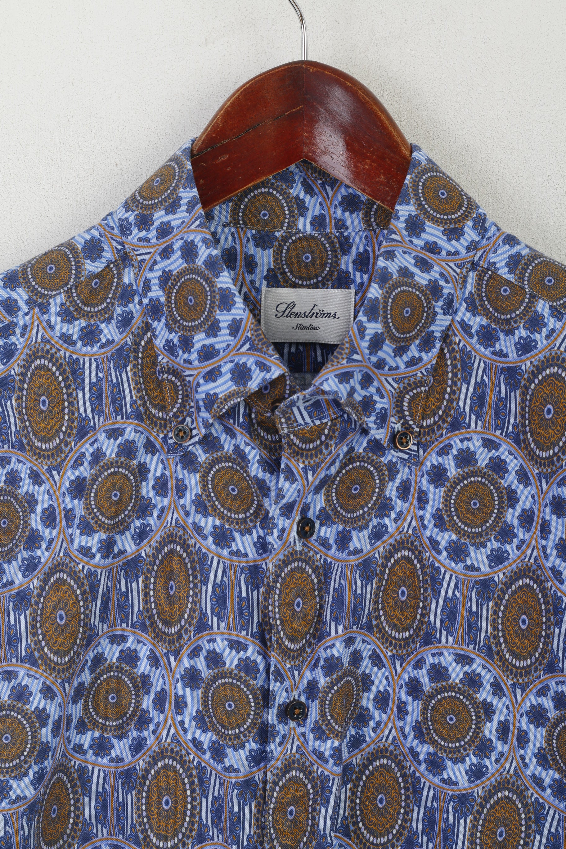 Stenstroms Men 16.5 42 M Casual Shirt Blue Cotton Slimline Printed Long Sleeve Top