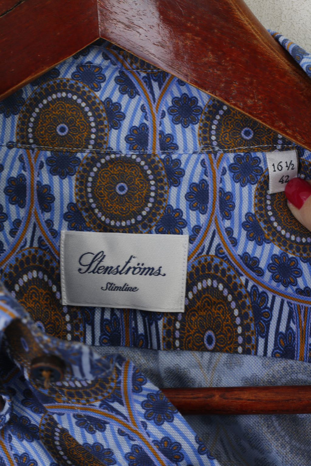 Stenstroms Men 16.5 42 M Casual Shirt Blue Cotton Slimline Printed Long Sleeve Top