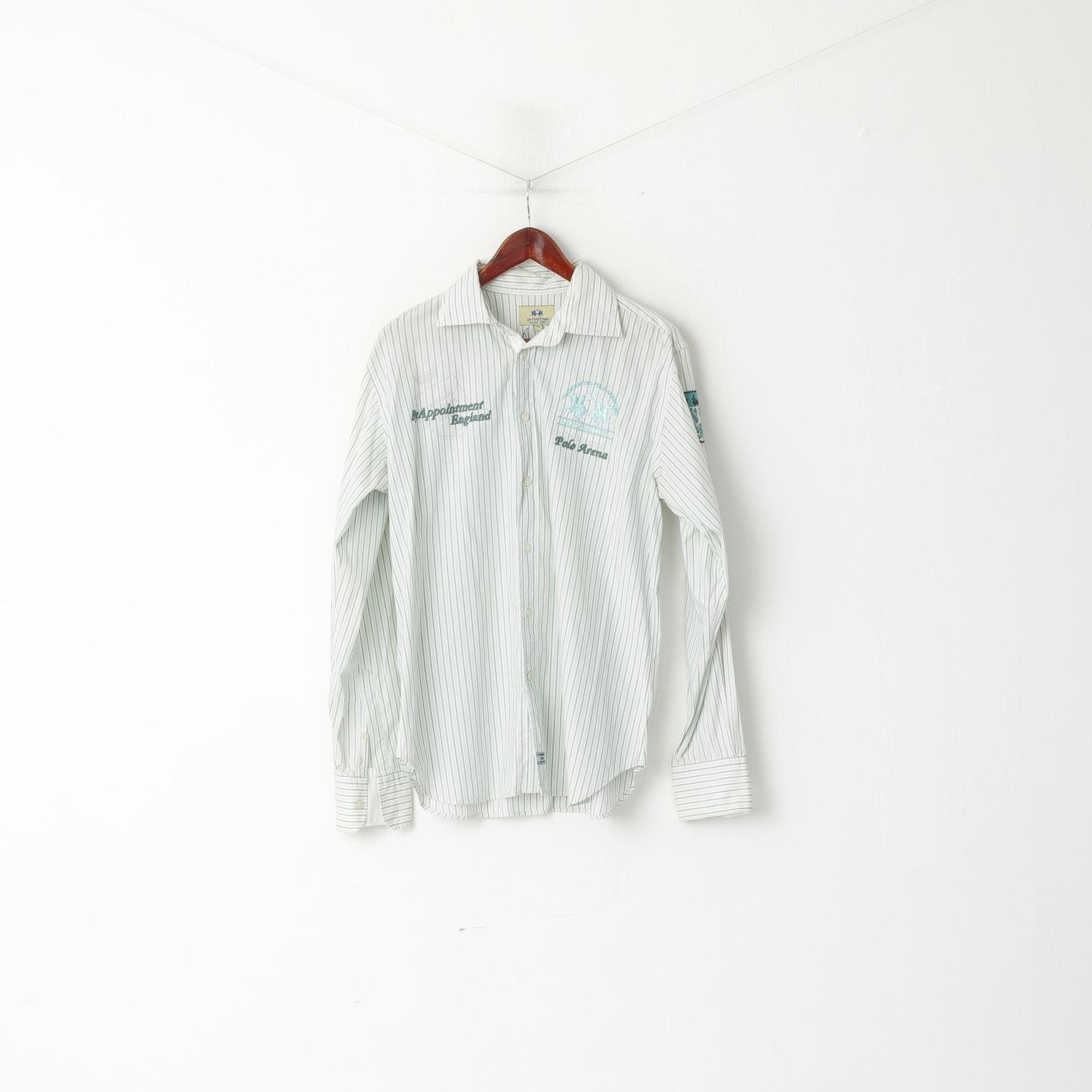 La Martina Men XL (L) Casual Shirt Green Striped Cotton England polo Argentino Top