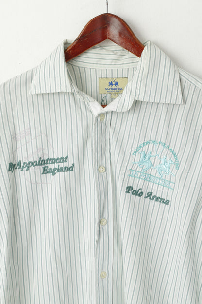 La Martina Men XL (L) Casual Shirt Green Striped Cotton England polo Argentino Top