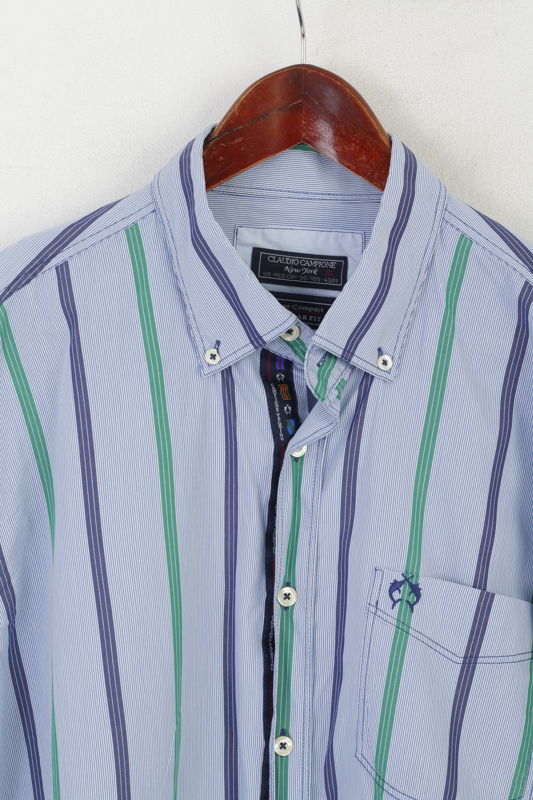 Claudio Campione Men XL Casual Shirt Blue Cotton Striped Regular Fit Super Compact Top