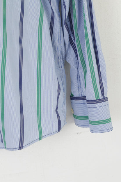Claudio Campione Men XL Casual Shirt Blue Cotton Striped Regular Fit Super Compact Top