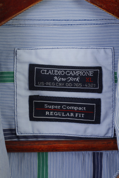 Claudio Campione Hommes XL Chemise décontractée Bleu Coton Rayé Regular Fit Super Compact Top
