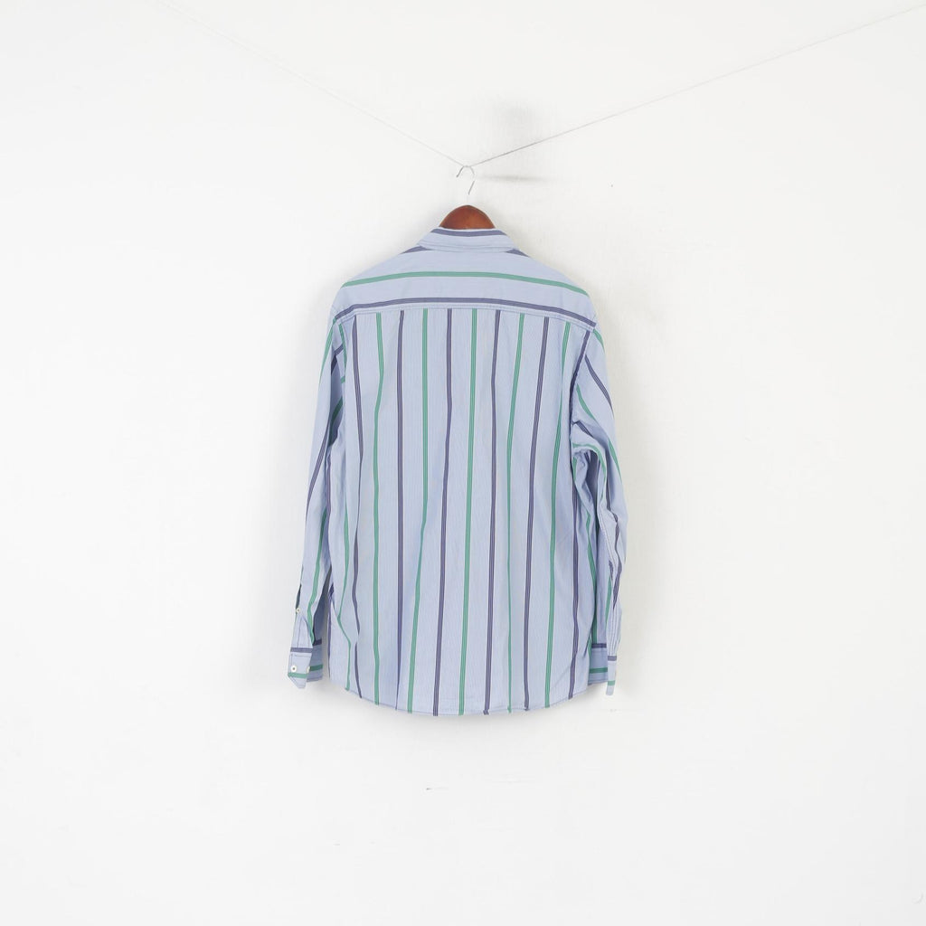 Claudio Campione Men XL Casual Shirt Blue Cotton Striped Regular Fit Super Compact Top