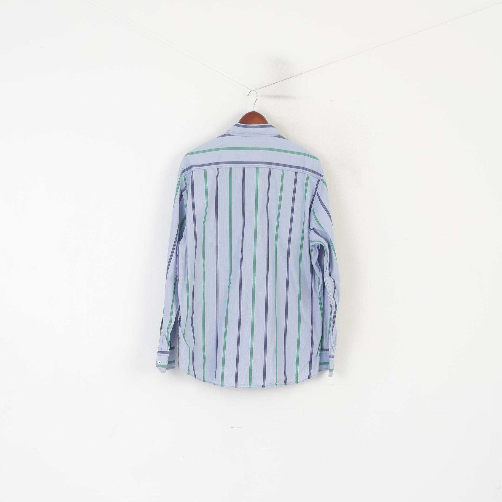 Claudio Campione Men XL Casual Shirt Blue Cotton Striped Regular Fit Super Compact Top