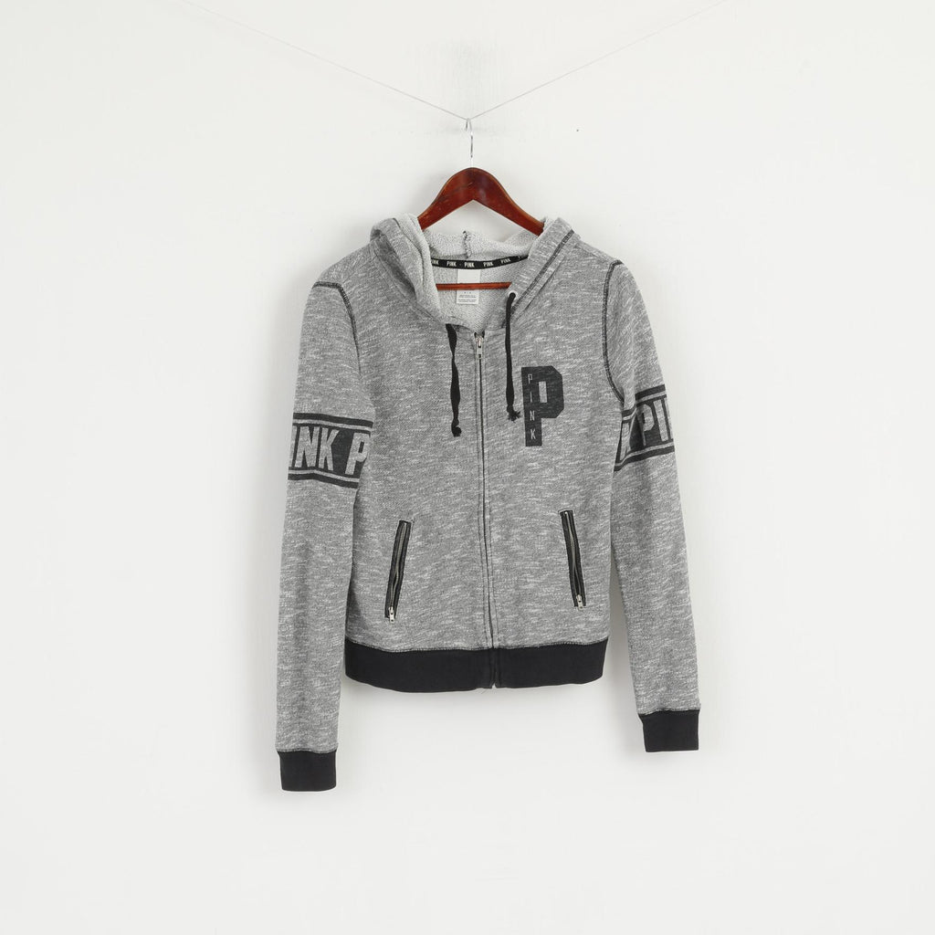 PINK Sweat-shirt femme Gris Coton Délavé à capuche Fermeture éclair complète Haut de sport