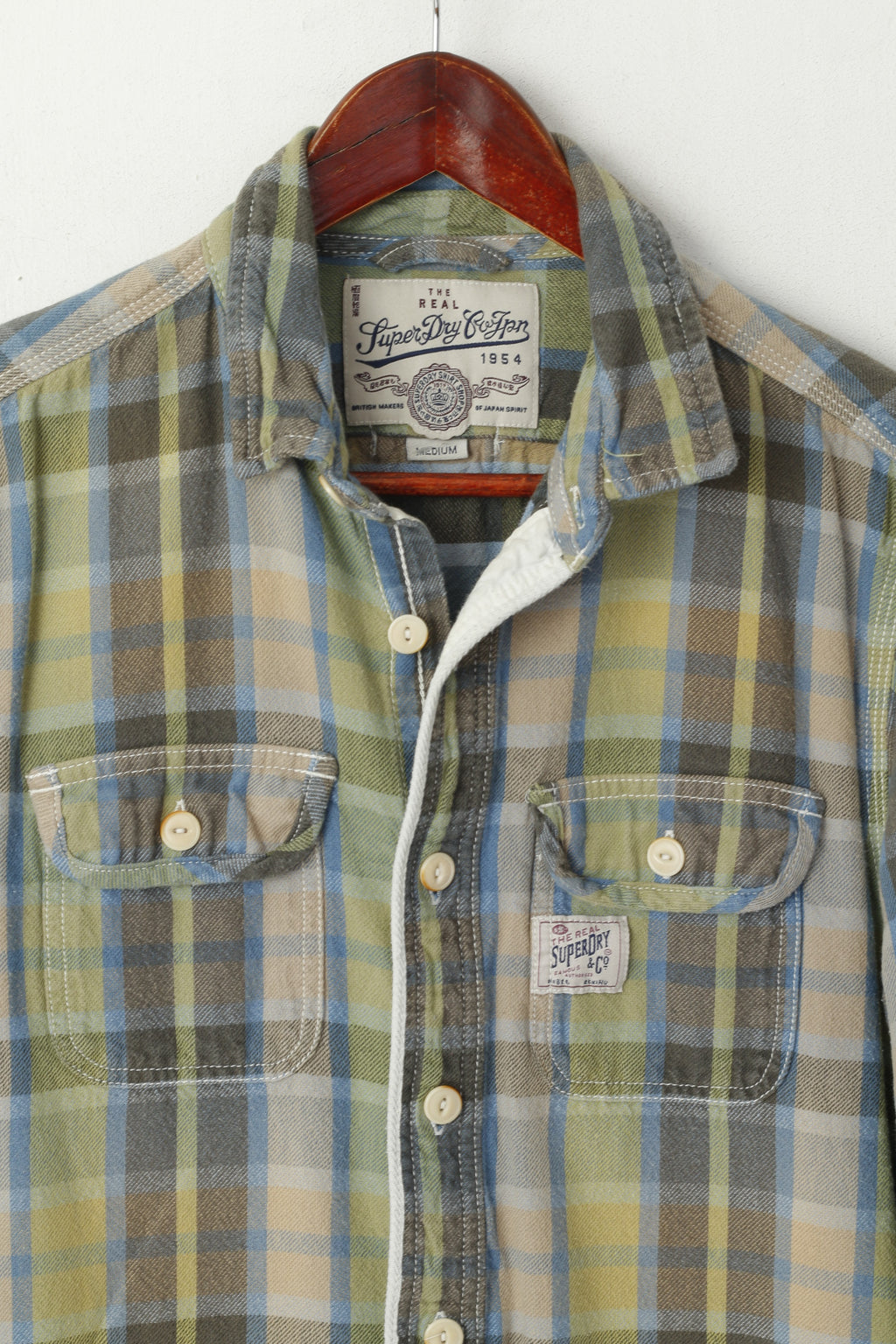 Camicia casual da uomo M Superdry Top retrò a maniche lunghe con tasca in cotone sbiadito a quadretti verde