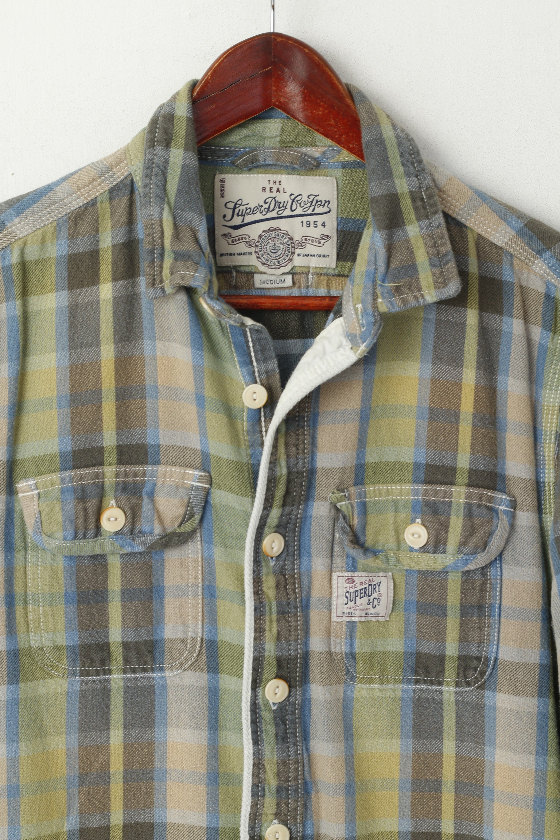Camicia casual da uomo M Superdry Top retrò a maniche lunghe con tasca in cotone sbiadito a quadretti verde