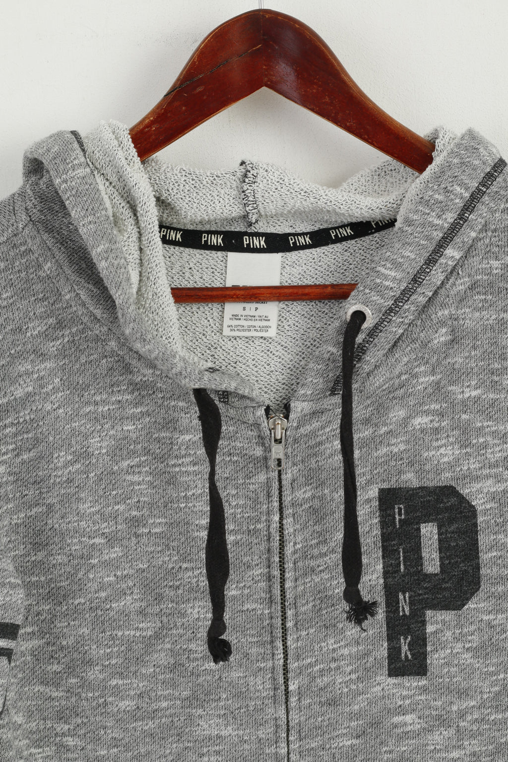 PINK Sweat-shirt femme Gris Coton Délavé à capuche Fermeture éclair complète Haut de sport