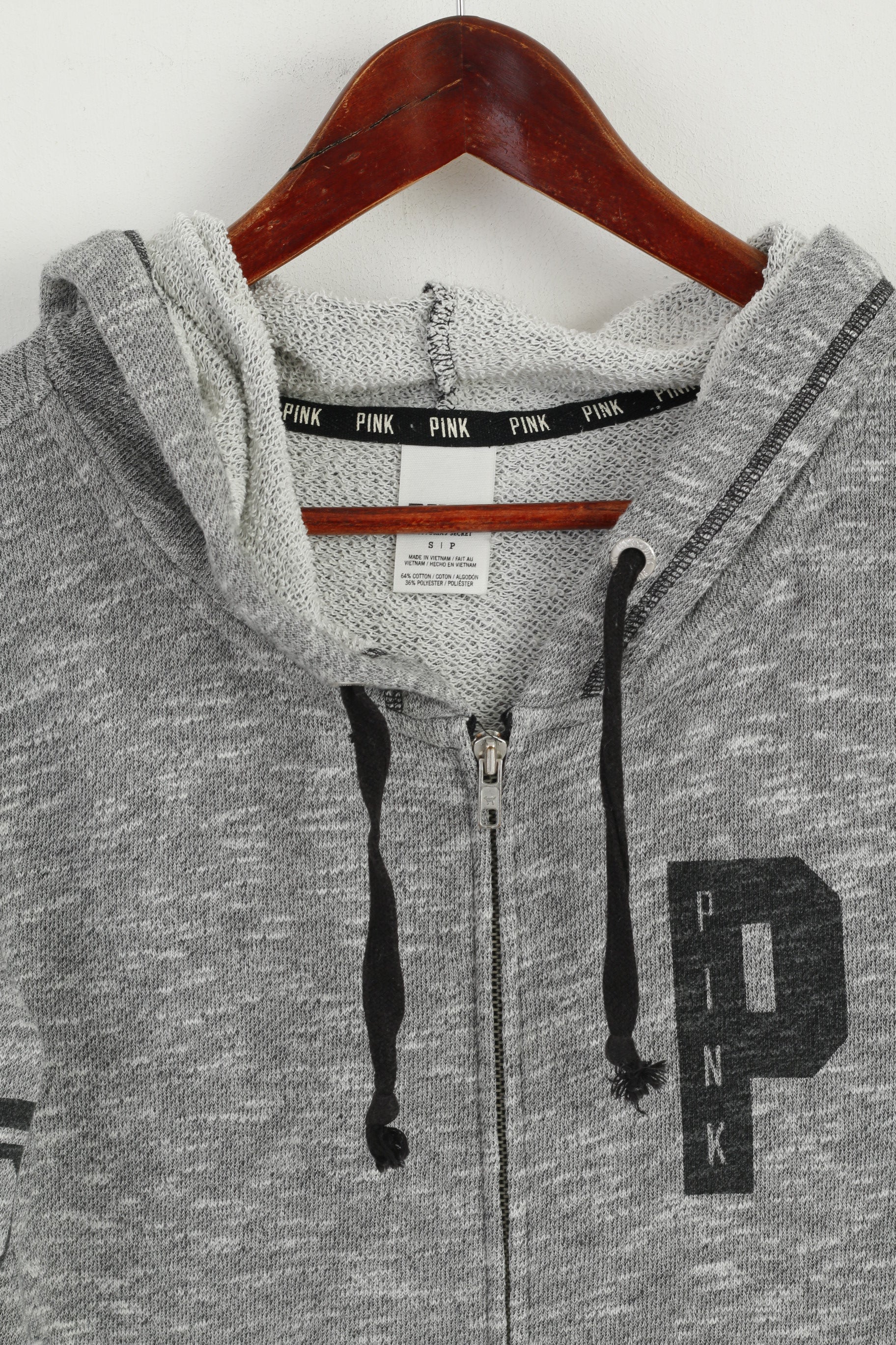 PINK Sweat-shirt femme Gris Coton Délavé à capuche Fermeture éclair complète Haut de sport