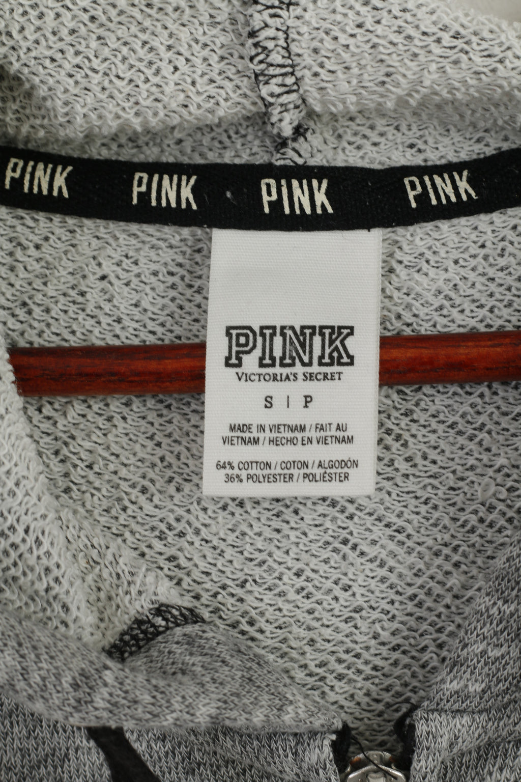 PINK Sweat-shirt femme Gris Coton Délavé à capuche Fermeture éclair complète Haut de sport