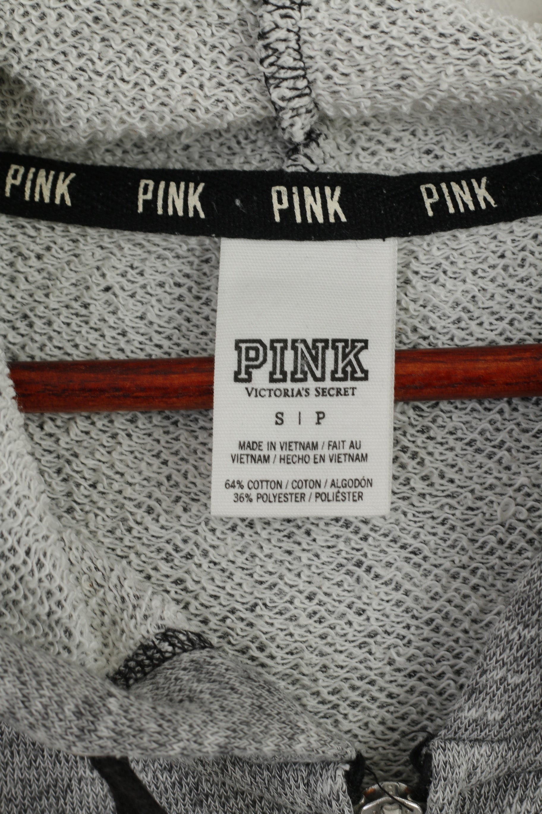 PINK Sweat-shirt femme Gris Coton Délavé à capuche Fermeture éclair complète Haut de sport