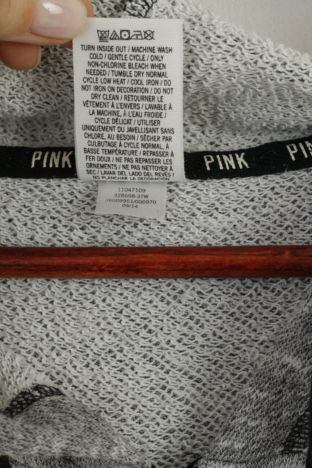 PINK Sweat-shirt femme Gris Coton Délavé à capuche Fermeture éclair complète Haut de sport