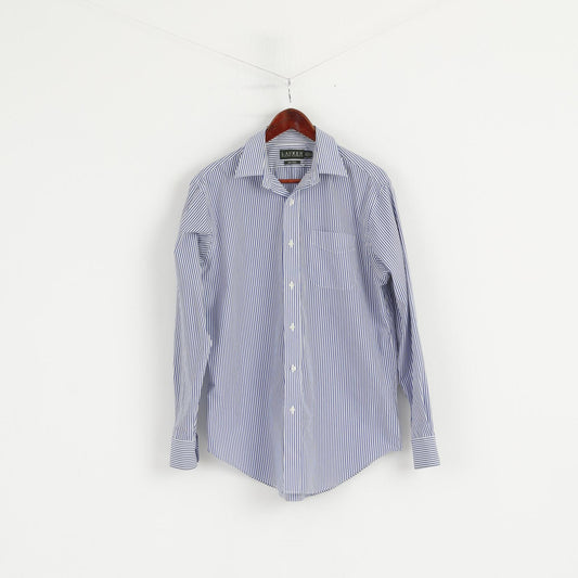 LAUREN Ralph Lauren Uomo 15.5 34/35 XL Camicia casual Top a maniche lunghe a righe bianche blu