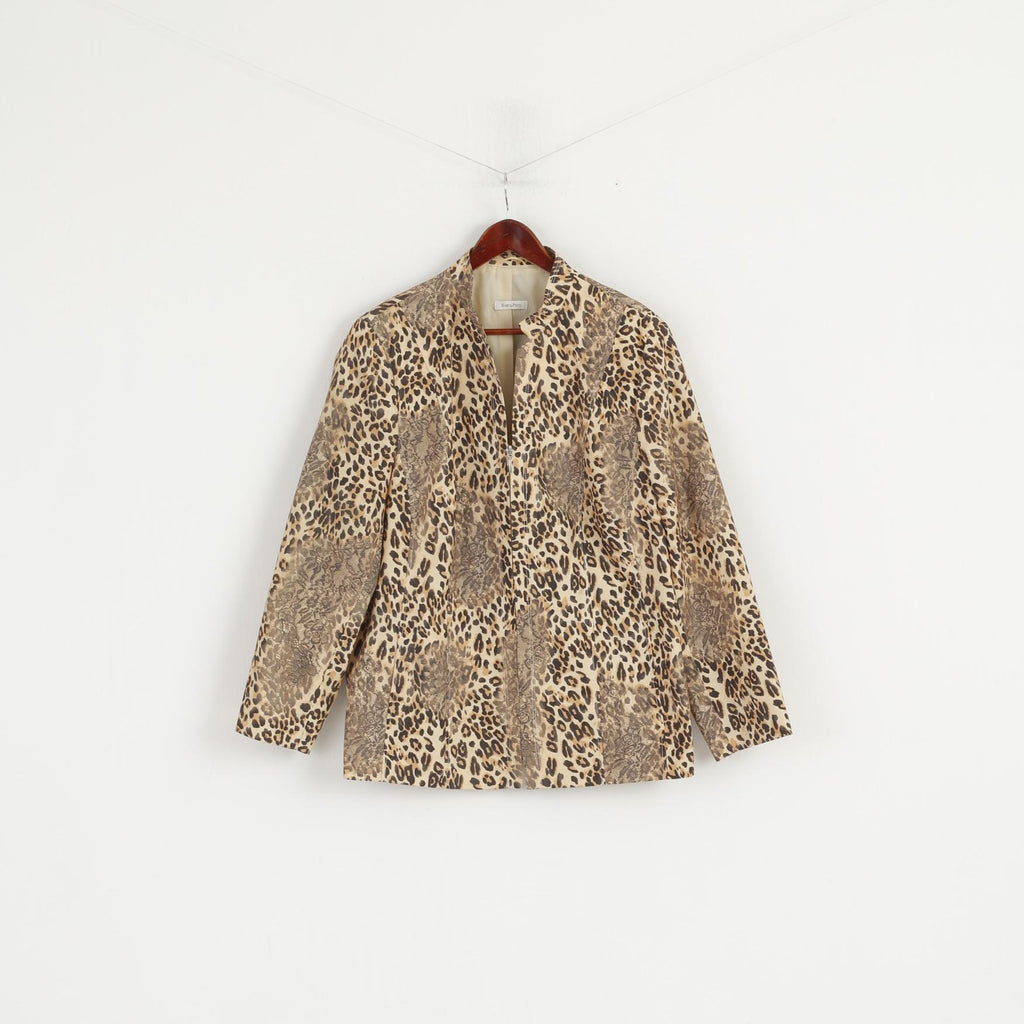 Marco Pecci Women 48 XXL Jacket Beige Animal Print Panther Zip Up Blazer