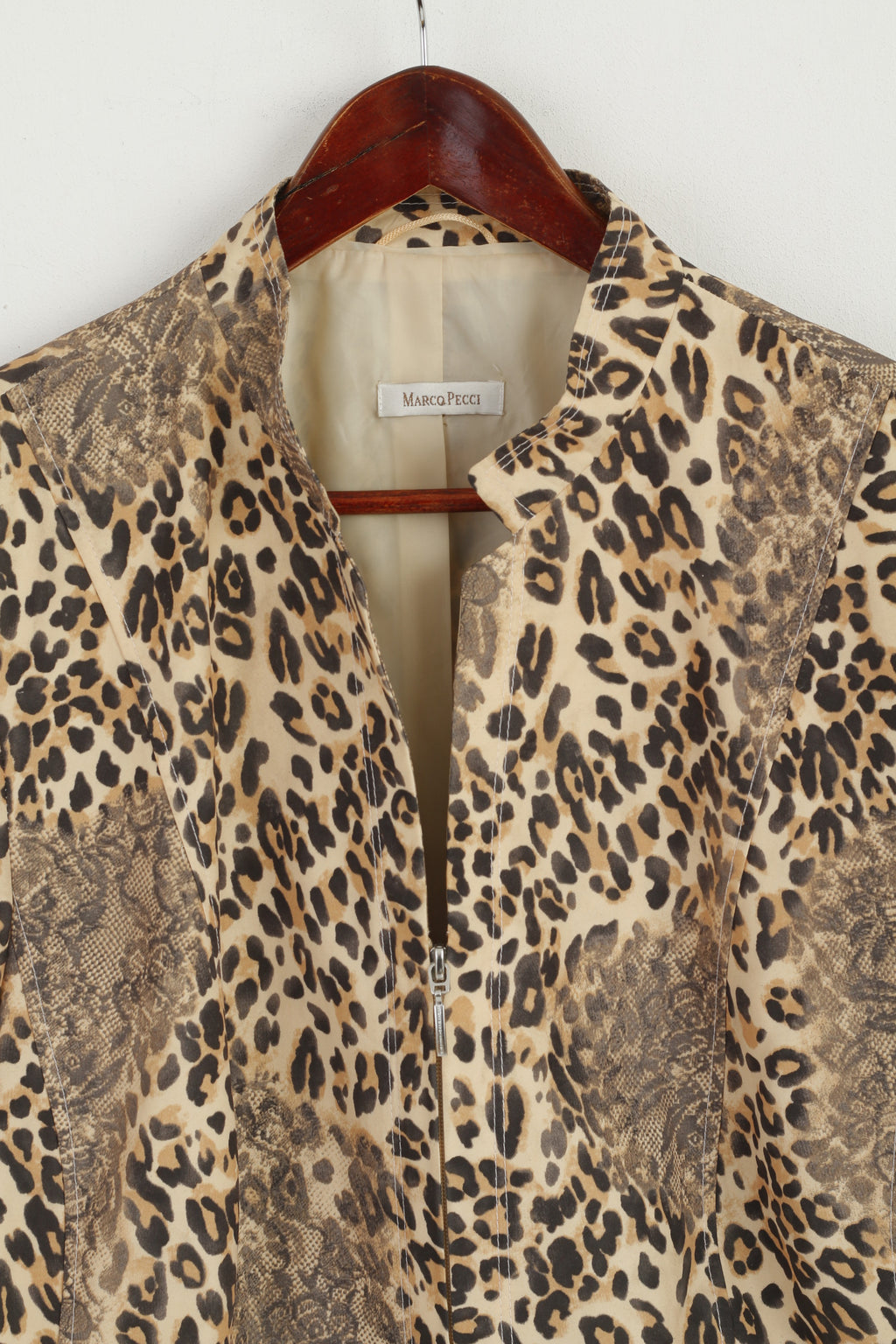 Marco Pecci Women 48 XXL Jacket Beige Animal Print Panther Zip Up Blazer