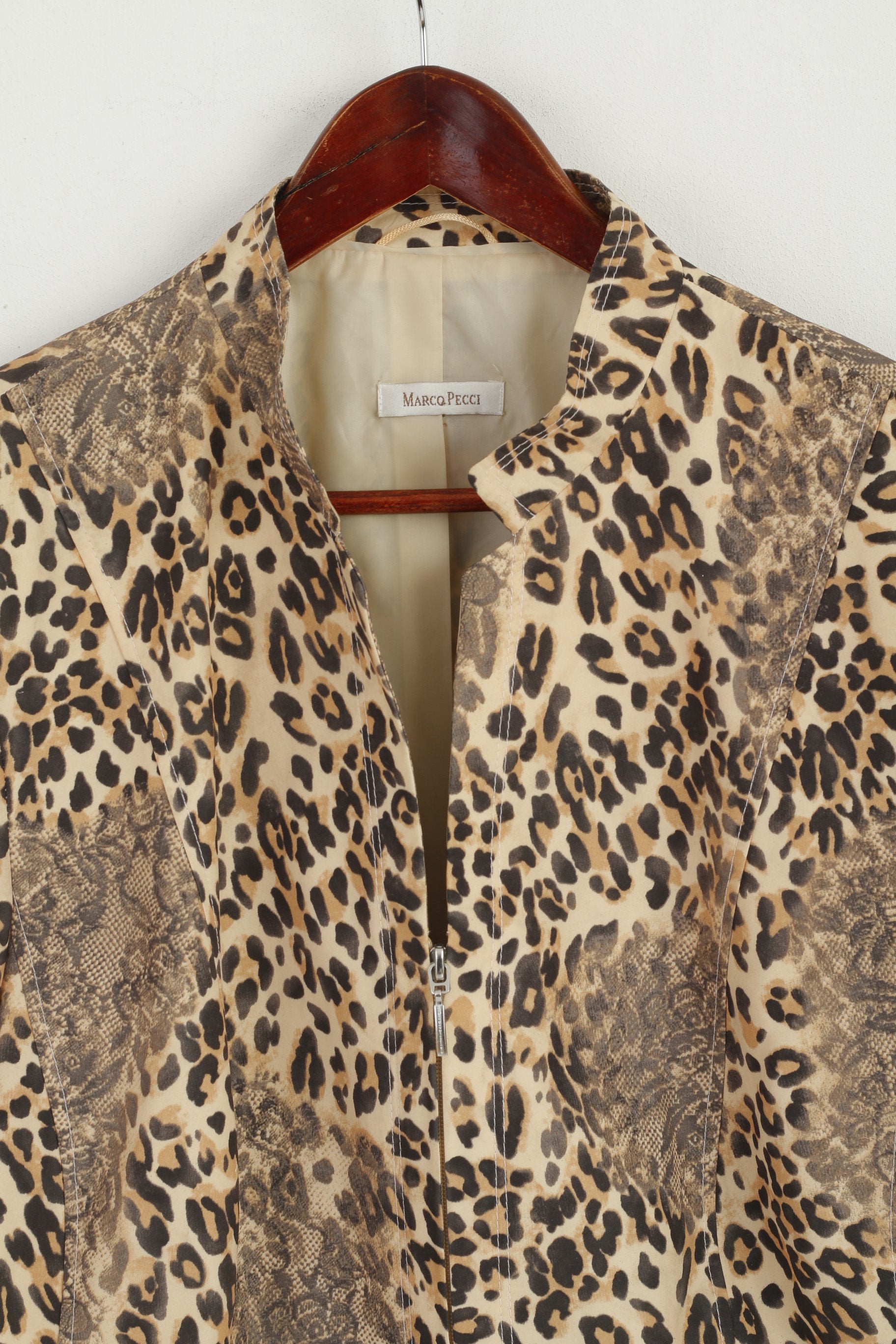 Marco Pecci Women 48 XXL Jacket Beige Animal Print Panther Zip Up Blazer