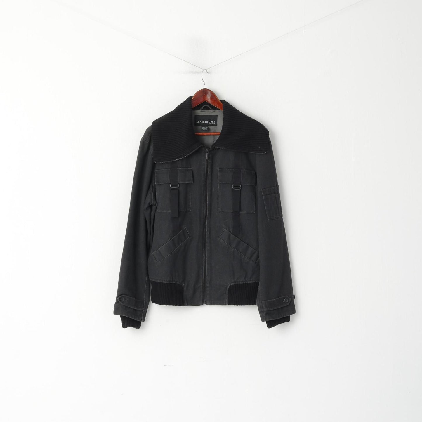 Kenneth Cole Men L Jacket Black Cotton Denim Full Zipper Multi Pockets Casual Top