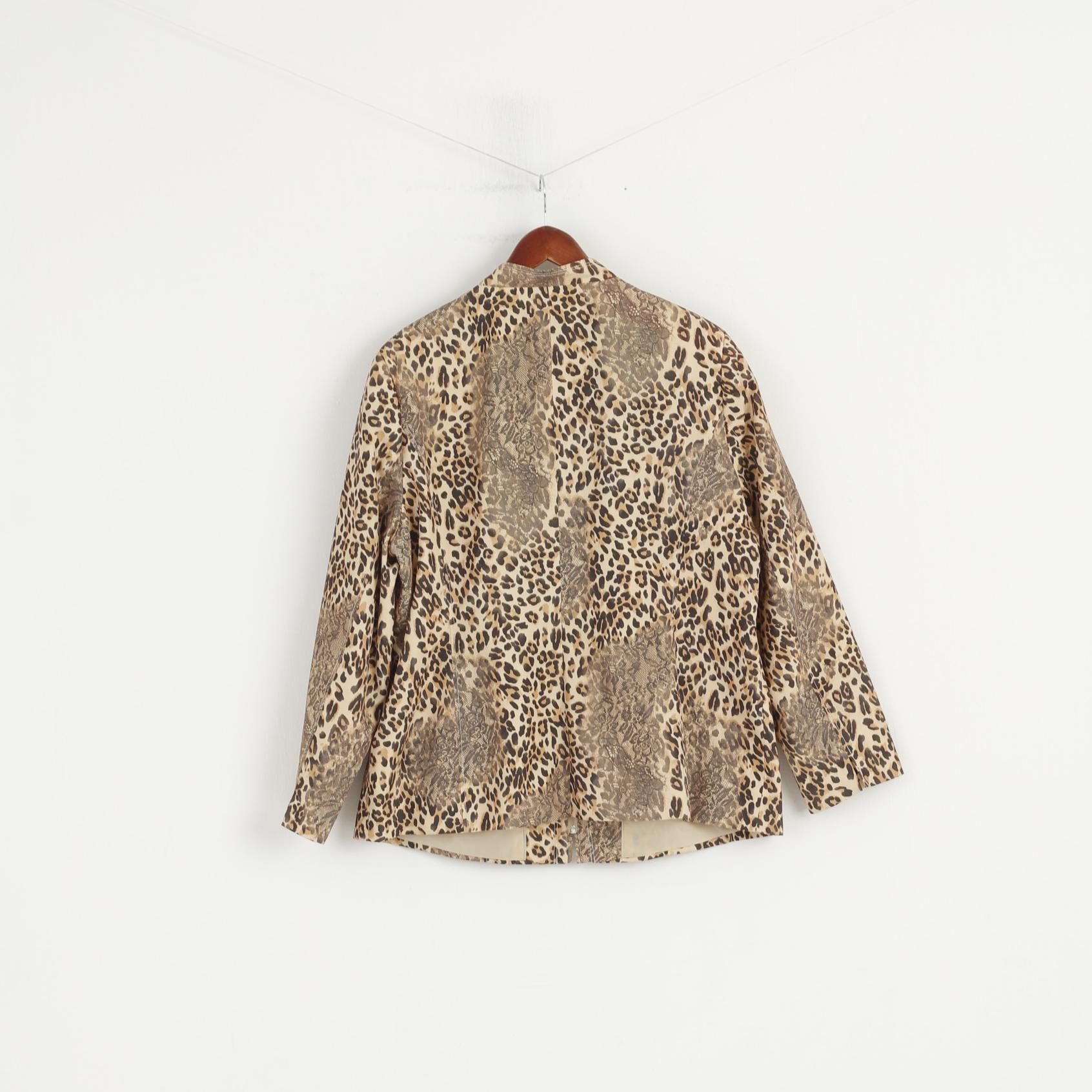 Marco Pecci Women 48 XXL Jacket Beige Animal Print Panther Zip Up Blazer