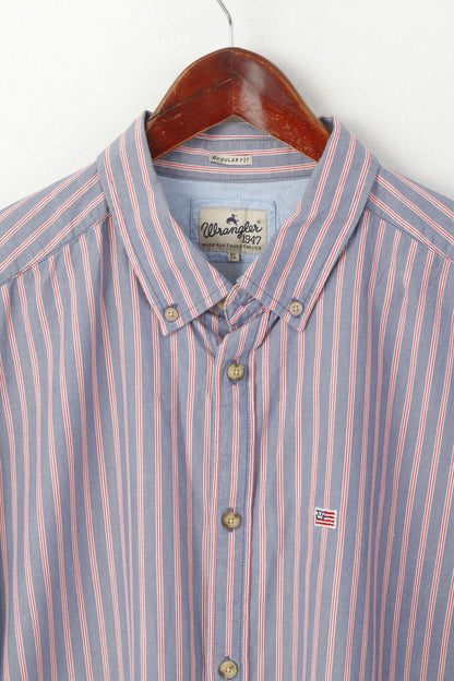 Wrangler Men XL Casual Shirt Blue Striped Cotton Regular Fit Vintage Long Sleeve Top